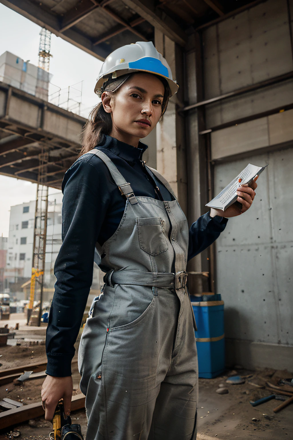 A woman in her thirties, dressed in a jumpsuit and a hard hat. Architect or engineer. She is inside a building under construction.
(best quality,4k,8k,highres,masterpiece:1.2),ultra-detailed,(realistic,photorealistic,photo-realistic:1.37),HDR,UHD,studio lighting,ultra-fine painting,sharp focus,physically-based rendering,extreme detail description,professional, vibrant colors,bokeh, portraits,architecture,construction,hardworking,dedicated,focused,progress,blueprints,tools,construction site,dusty atmosphere,concrete walls,iron beams,cranes,hard hat,reflection,beautiful detailed eyes,determined expression,high-visibility vest,ear protection,unyielding spirit,innovation,creativity,detail-oriented,blueprints,precision measurements,modern design,sketching,inspecting construction progress,heavy equipment,surrounded by scaffolding,construction materials,concrete mixer,protective goggles,and work boots,checking structural integrity,plans in hand,striving for perfection,excitement