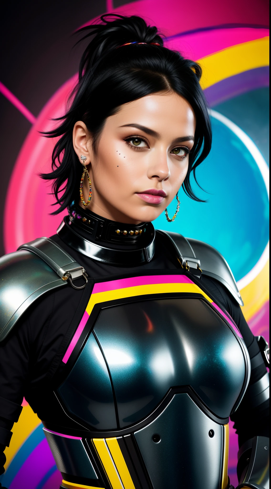 photo of woman, sexy, large breasts, punk, black hair, one side shaved head, ([Brie Larson|Ashley Greene|Amber Heard]:0.85), [stanleylau style|uodenim style], armor suit, hips, sensual, shinny skin, oily skin, tattoos, close up, face focus, detailed face, lips, choker, jewelry, [(colorful explosion psychedelic paint colors:1.21)::0.2], kitchen, masterpiece, best quality, rainbow colors, colorful, high contrast,