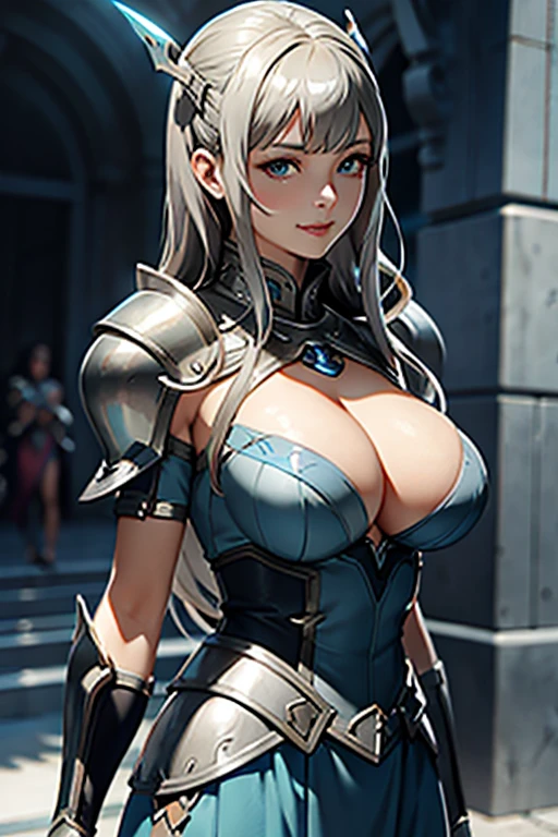 close up shot of a woman in a silver and blue dress, silver armor, large breasts, cleavage, chengwei pan on artstation, by Yang J, detailed fantasy art, stunning character art, smile