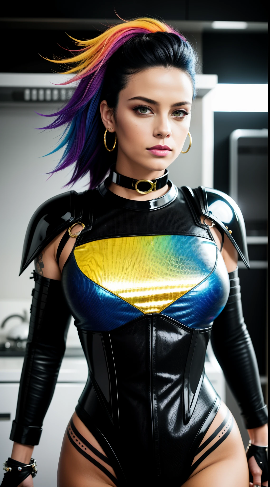 photo of woman, sexy, large breasts, punk, black hair, one side shaved head, ([Brie Larson|Ashley Greene|Amber Heard]:0.85), [stanleylau style|uodenim style], armor suit, hips, sensual, shinny skin, oily skin, tattoos, close up, face focus, detailed face, lips, choker, jewelry, [(colorful explosion psychedelic paint colors:1.21)::0.2], kitchen, masterpiece, best quality, rainbow colors, colorful, high contrast,