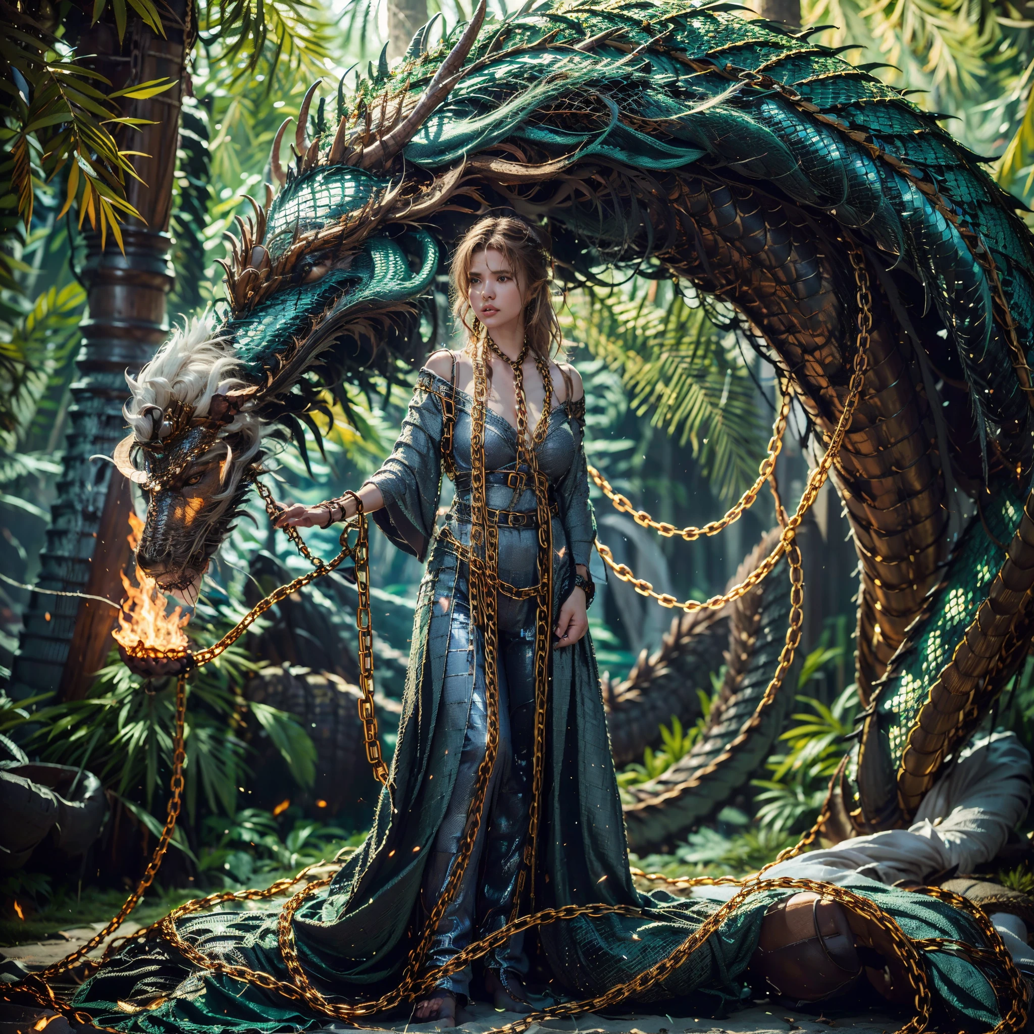 Beautiful girl with green dragon, ((Girl in a long robe)), (Wearing chain mail: 1.4), (Long cloth pants: 1.2), (chain mail with dragon scale patterns), perfect facial features, gentle face, Long hair, graceful , Wisdom, Bravery, Rainbow Dragon, scales, Horns, flame, wings, Dragon Claws, The dragon protects the girl, Ancient forest background, A Mysterious Connection, defense, Trust, realistic quality, Realism, 8K, Best Quality, Masterpiece, cinematic quality, High chiaroscuro, Octane rendering