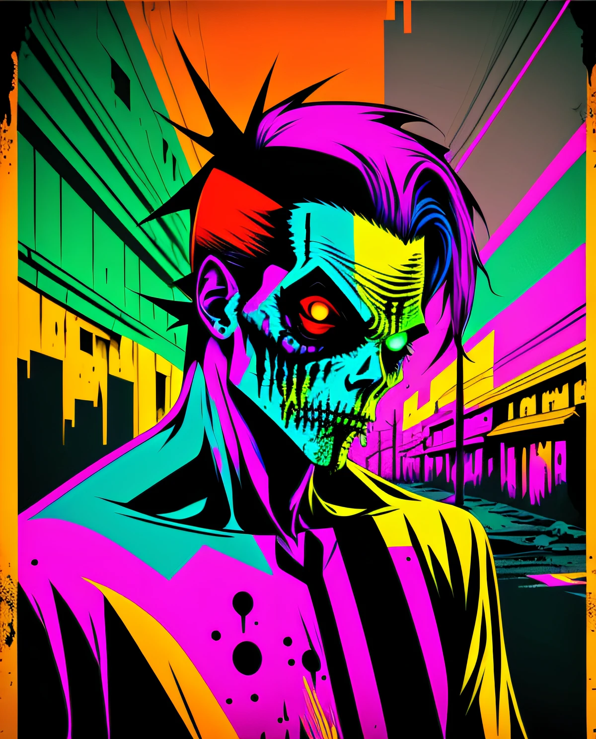 poster pop art style neon colors, (zombie hombre), on an abandoned street