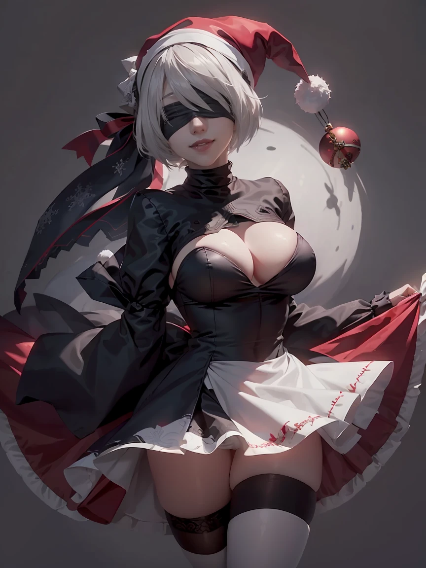 (master piece: 1.1), (n_2b), 1girl, blindfold, black blindfold, red lips, detailed face, white hair, short hair, fringe, hair over face, shy cheeks, anime character, red dress christmas, (christmas costume), smiling at viewer, christmas cloth, (wearing santa hat), ((simple gray background)),