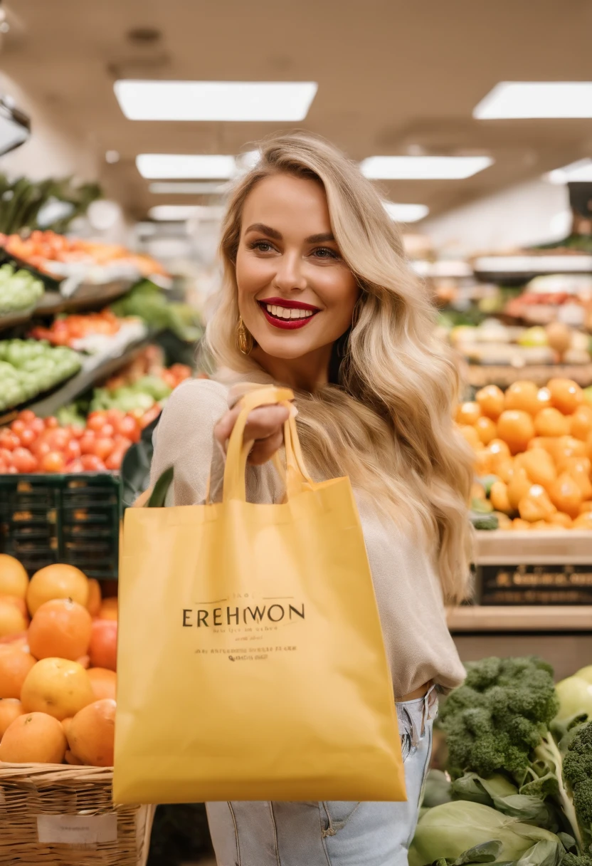 A photo of LA influencer chick at Erewhon Market, holding a reusable shopping bag filled with organic fruits and vegetables.,original,She is blonde, young, beautiful, lives in Hollywood, and takes a selfie