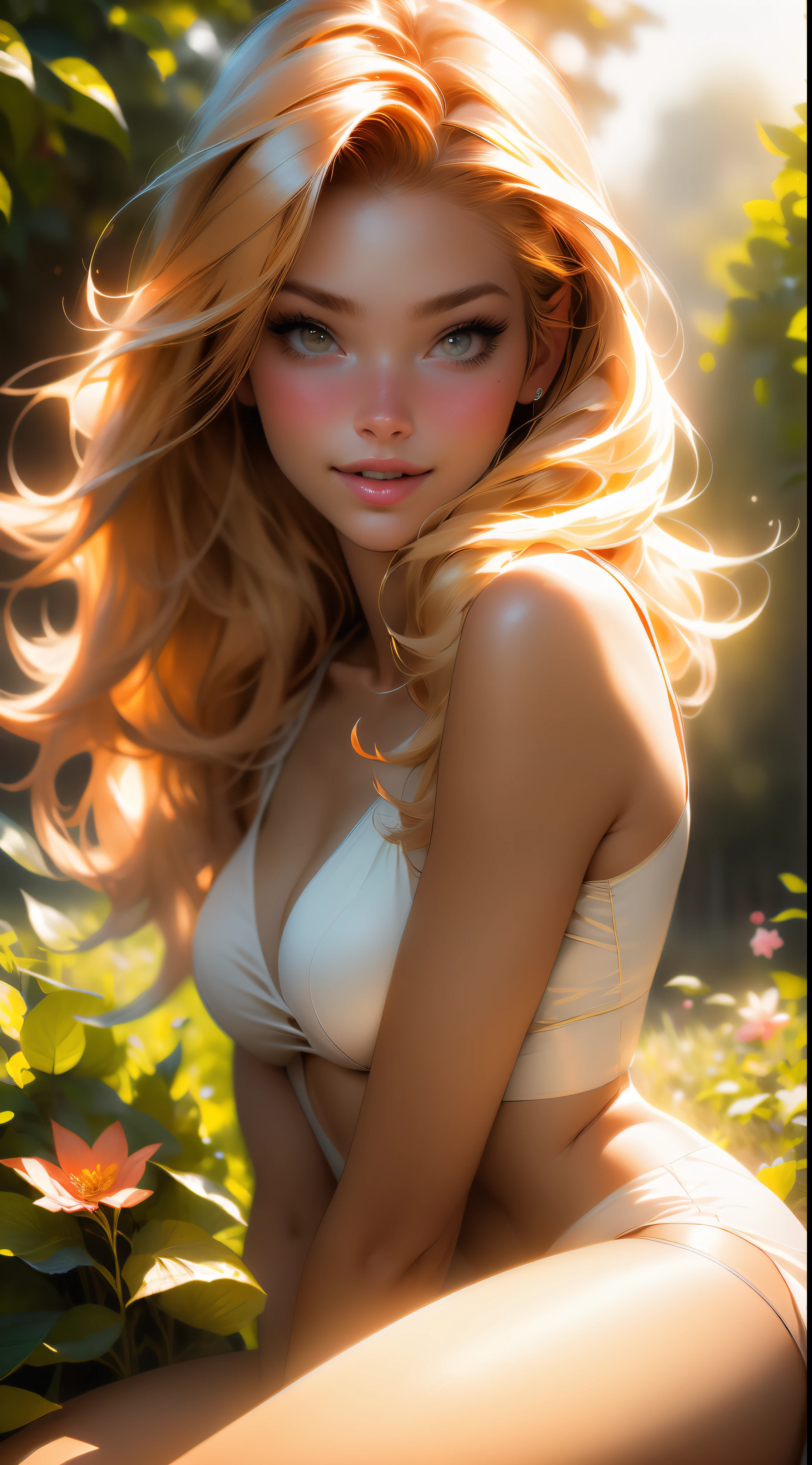 melancholy lighting, quiet, calm, brightness, masterpiece, best quality, 1girl, (JinxLol:1.2), (ultra photorealistic:1.3), (masterpiece:1.4), best quality, ((realistic)), high quality, ultra detailed, ((Real image)), ((realistic skin)), ((realistic face)),(illustration:1.05), (beautiful:1.05), (beautiful detailed eyes:1.05), (cinematic light:1.1), Full body, precise proportions, 18-year-old girl, skinny model lying on the grass, surrounding garden, tree shadow, GINGER BLONDIE hair fluttering in the wind, tulle, long legs, slightly open feet, buttocks, blush, shyness, collarbone, abdominals, double weave, beautiful and delicate face, fair skin, real skin, (face detail), pores, super high resolution, 8k, parameters Best quality, masterpiece, super high resolution, (Realistic 2.0), More details, detailed skin, transparent RED panties, wide smile, white teeth, GINGER BLONDIE hair voluminous, perfect and well designed eyes, girlfriend, beautiful, beautiful, flowers, studio lighting