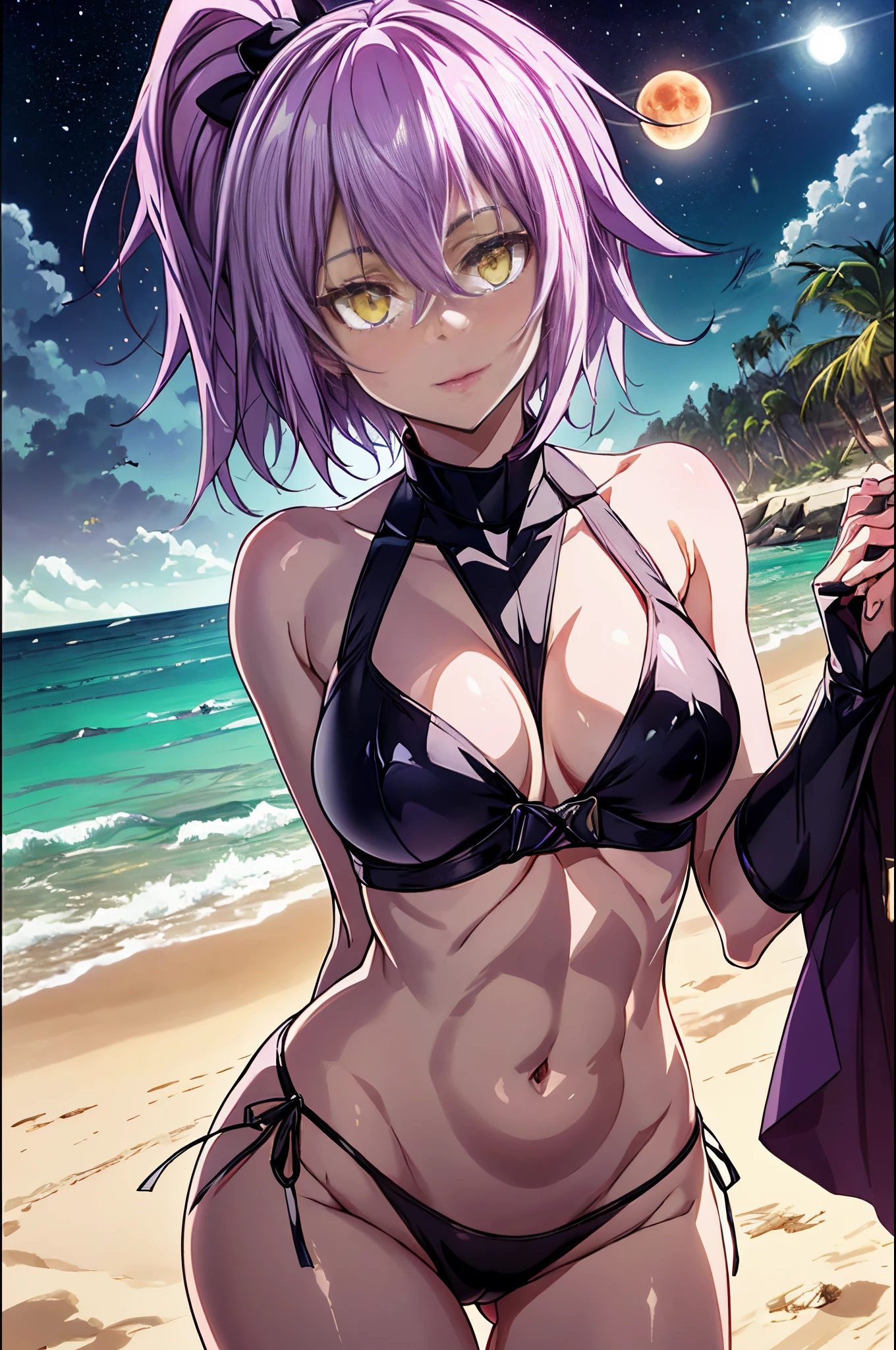 Uma bonita e fofa, medium length purple hair tied into a side ponytail, (((Olhos dourados brilhantes))), ((unhas roxas))), biquini curto, ((on the beach with starry sky and full blood moon)), Standing, barefoot, (foto de corpo inteiro), (((hiding hands))), middle boobs, barriga musculosa, pernas musculosa, eye reflection, glowing eyes, sulking, anime, anime style, ray tracing, sparkle, drop shadow, panorama, Canon, UHD, masterpiece, ccurate, anatomically correct, super detail, high quality, highres, HD, 16k