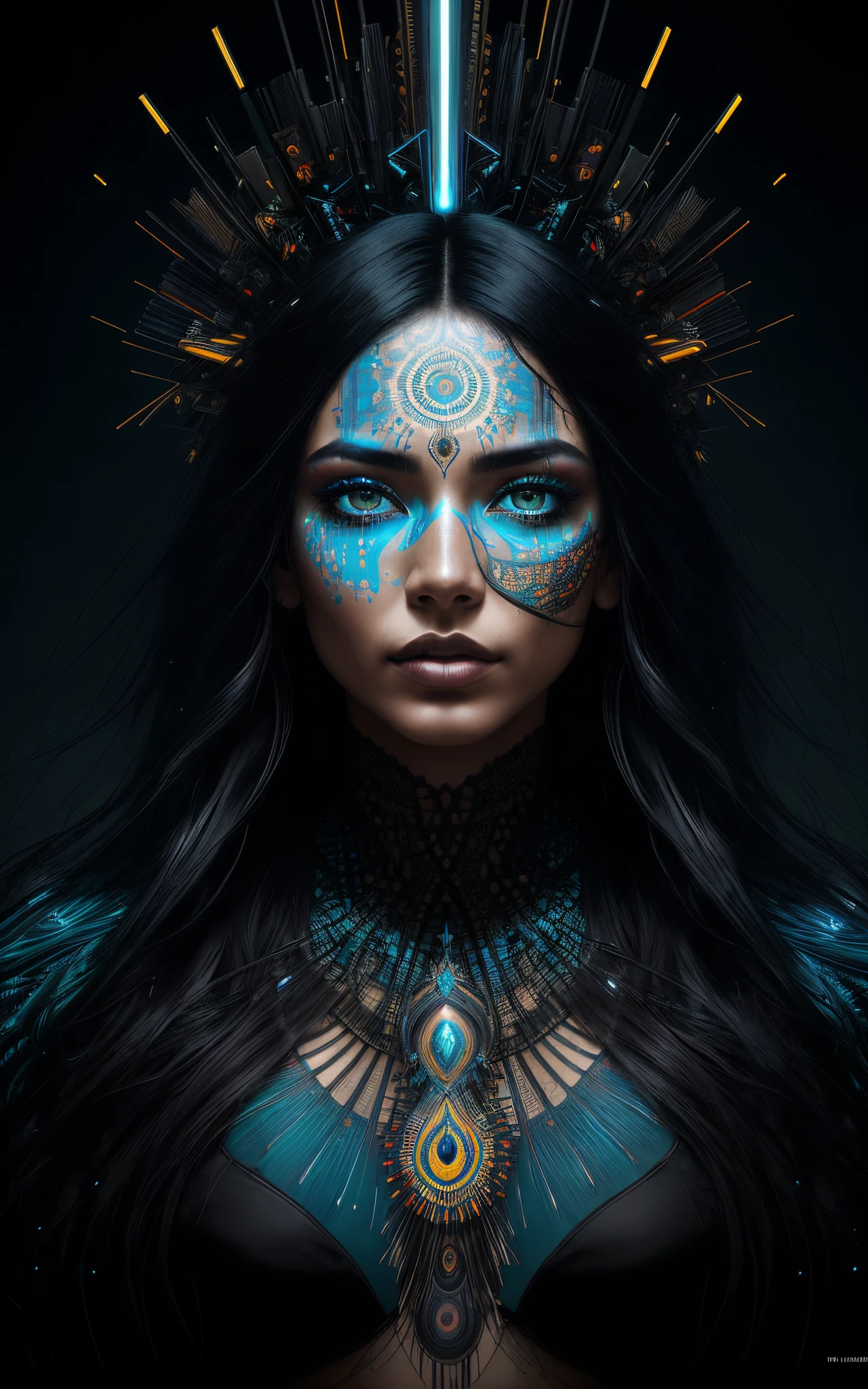 ultra-detailed artistic abstract beautiful indigenous woman with long black hair, magic with bioluminescent filigree, geometric photography, 32k fashion abstract poster, detailed symmetrical blue iris, natural body posture by artist russ mills, art by alberto seveso, by Carne Griffiths, by Wadim Kashin, symmetrical, abstract art style, sharp eyes, digital painting, burst of color, concept art , volumetric lighting, by GIlSam-paio octane rendering depicting innovation and truth, 8k, by Lee Jeffries, Alessio Albi, Adrian Kuipers, glamour, intricate detailed environment, lace, smudges , dark background, masterpiece, ornate, depth - studio Gs perfecty.