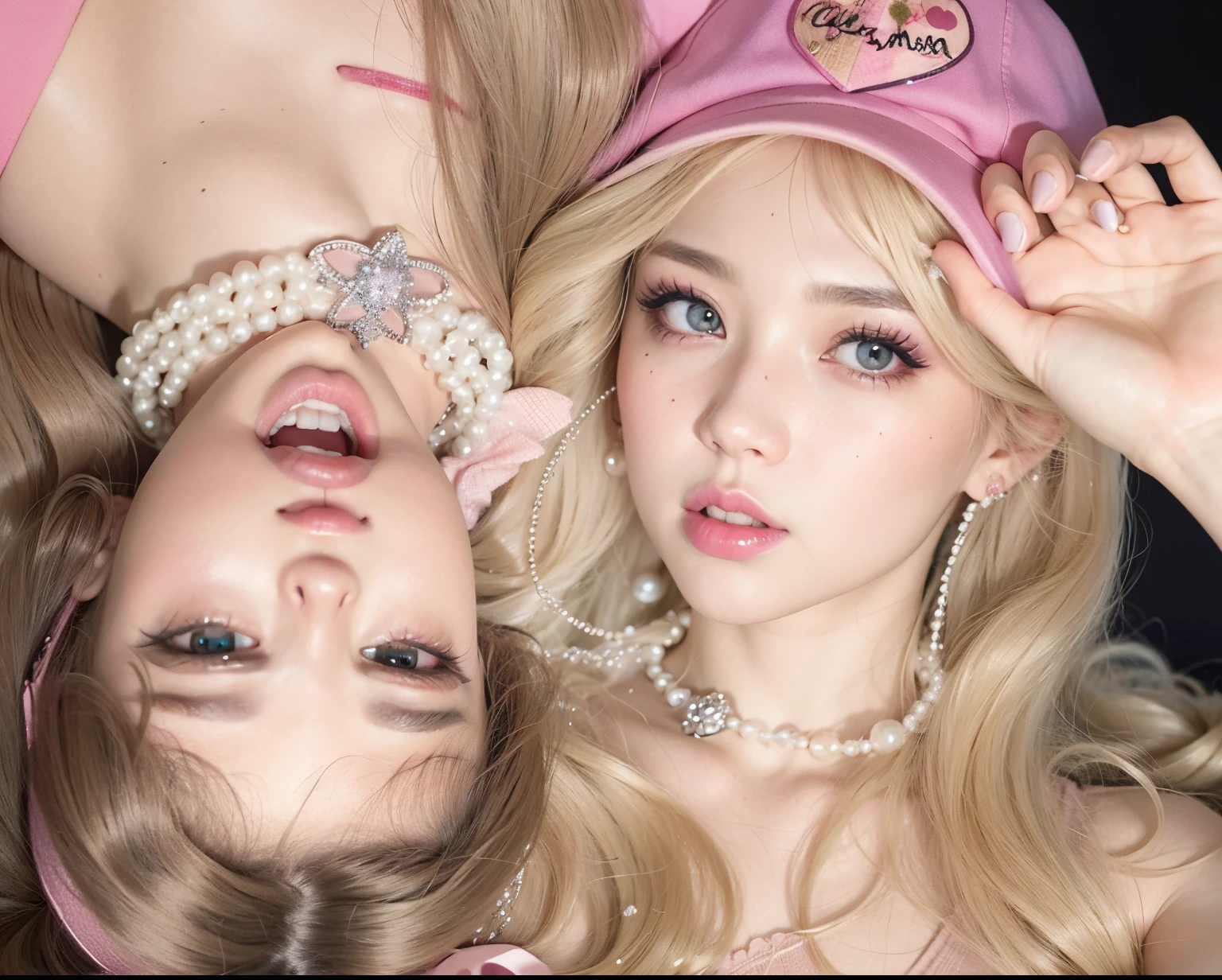(photorealistic, perfect eyes, hyper-realistic, 8k, highest detail) portrait of 2 beautiful chubby girls, 18 years old, goth, blonde hair, heavy eye makeup, on knees, looking up at viewer, view from above, open mouth, eyes rolled back, tongue out, cleavage, spikes, chains, fishnet, 