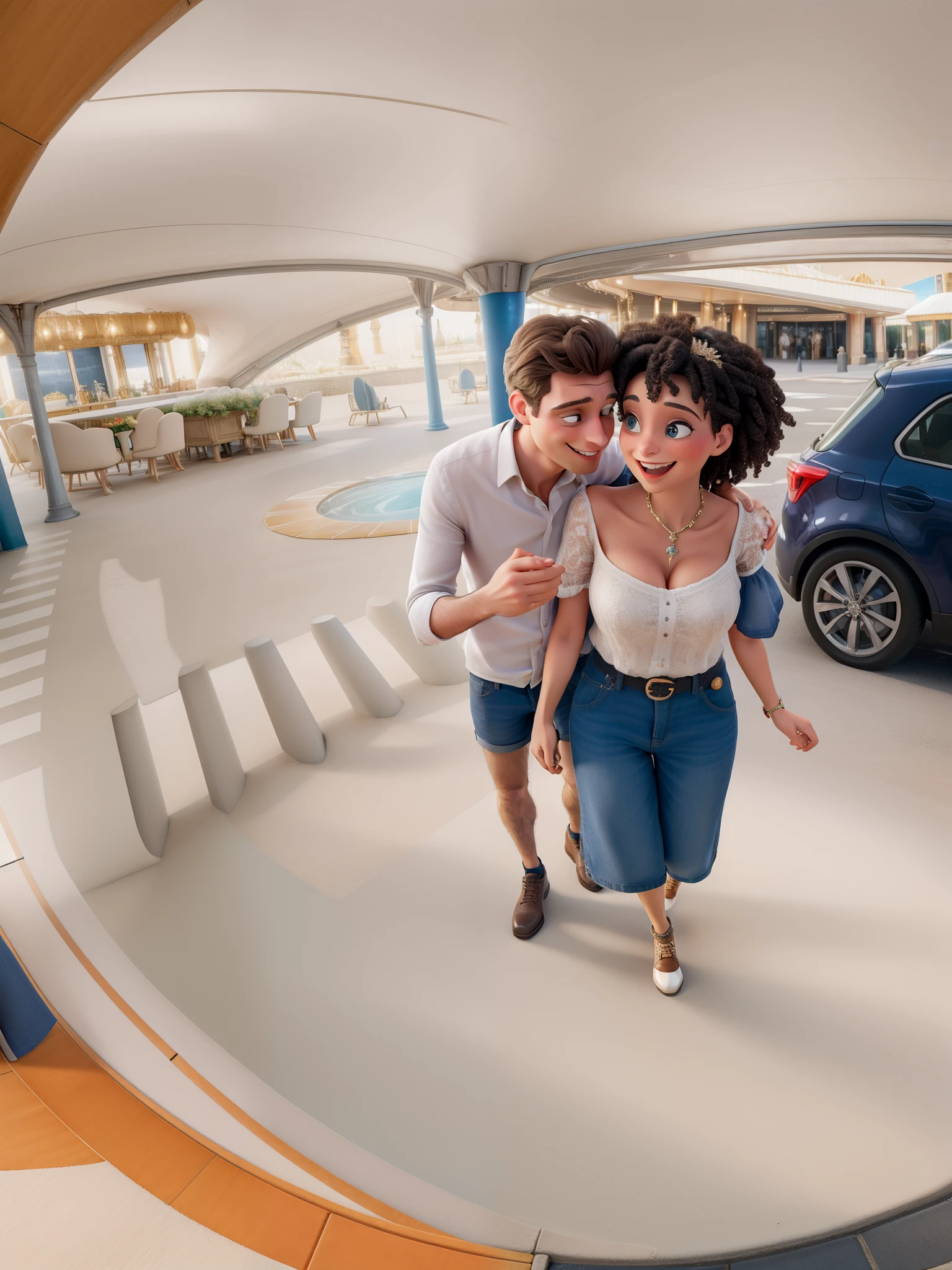 Un monde fantastique avec un portail magique, Tout est magique, L'ambiance à un flair magique, Photo réaliste, high détails, meilleur qualité, 4K (couple dans an parking )