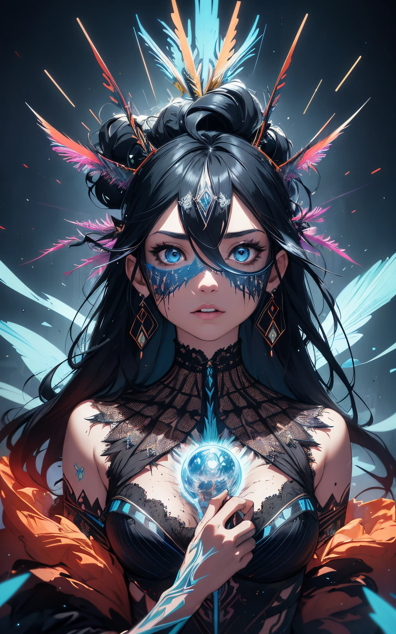 ultra-detailed artistic abstract beautiful indigenous woman with long black hair, magic with bioluminescent filigree, geometric photography, 32k fashion abstract poster, detailed symmetrical blue iris, natural body posture by artist russ mills, art by alberto seveso, by Carne Griffiths, by Wadim Kashin, symmetrical, abstract art style, sharp eyes, digital painting, burst of color, concept art , volumetric lighting, by GIlSam-paio octane rendering depicting innovation and truth, 8k, by Lee Jeffries, Alessio Albi, Adrian Kuipers, glamour, intricate detailed environment, lace, smudges , dark background, masterpiece, ornate, depth - studio Gs perfecty.