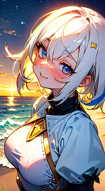 white hair, short hair, super big boobs, blushing very hard, happy face, beach, night, detailed eyes, sexy, small height, hair over one eye, hair over one eye, streaked hair, anime,loli, looking at viewer, starry sky, kissing