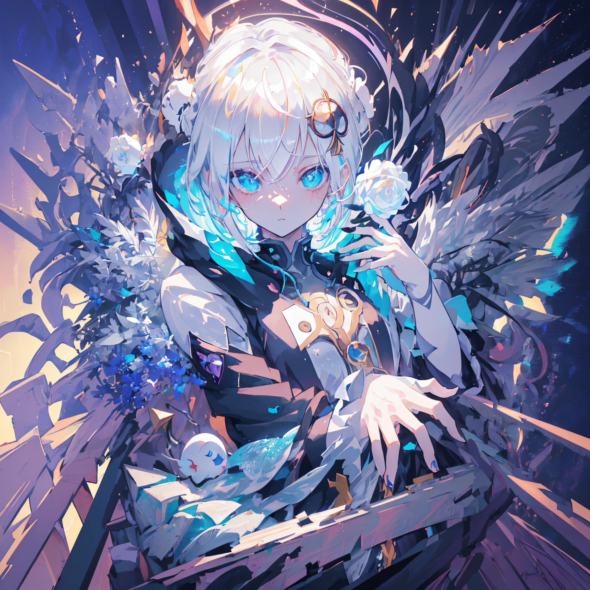 (hyper HD), tmasterpiece,high high quality, (((4K))),(style of anime:1.6), (afofuturism:1.4),(Broken World:1.1),(Broken World:1.5),(bust:1.6)
lightand shade contrast, god light,zoom layer,back shadow, in a panoramic view,ray traycing,(Correct anatomy),(Correct hand structure) ,Starcloud,floating white rose,A background full of technology,(Only five fingers on each hand)
(((only one girl))),White hair, short detailed hair, Delicate hair, veils, snowflake hair ornament, (Bright and clear eyes:1.2), Heterochromatic pupil,With his back to the camera,expression of surprise,reach forward,