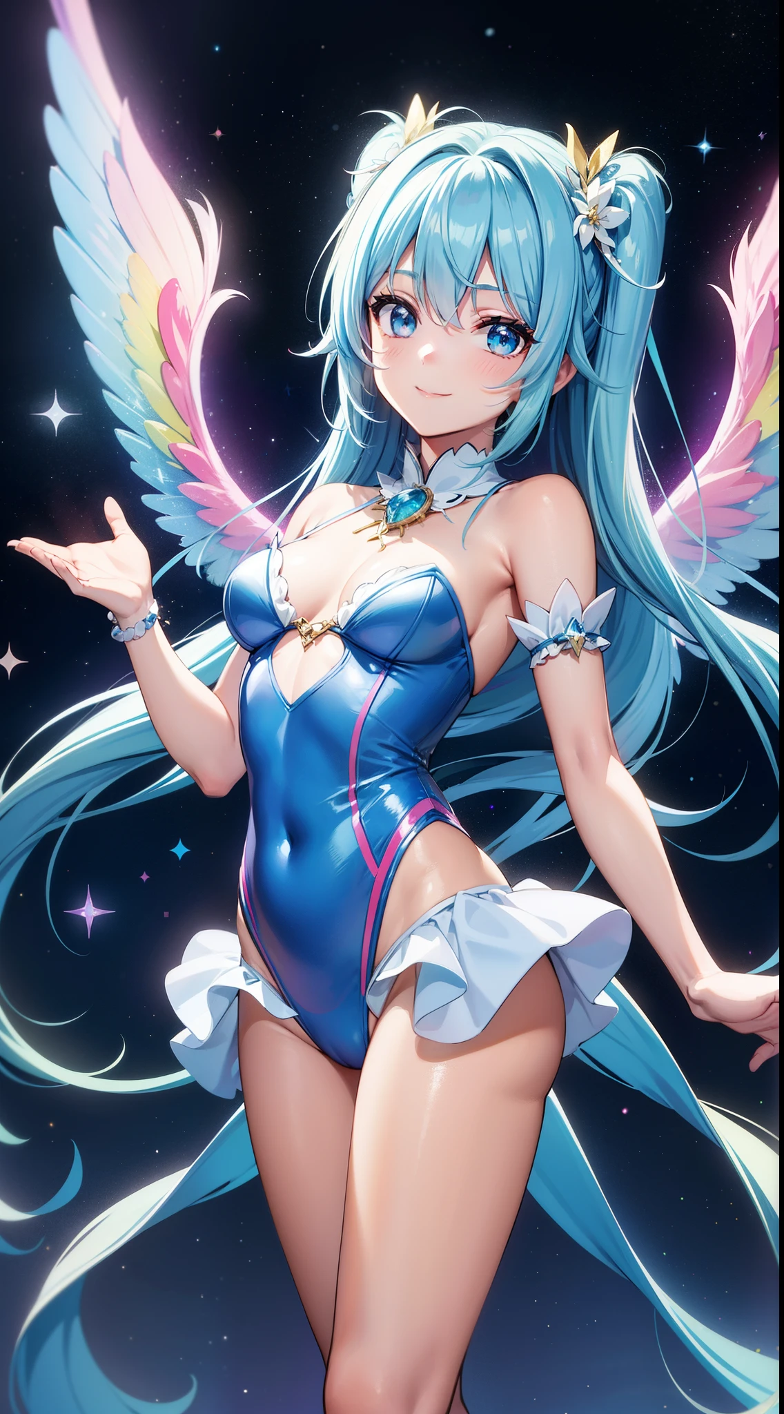 Super Idol a beauty girl adorable smiling sky blue hair length hair Twin-tailed Glittery bright pink and white and blue and yellow leotards facing front 7 colors of angel large wings on the back Mystical Fantasia constellation a moon Crystal Brilliance Aurora Borealis in the Night Sky