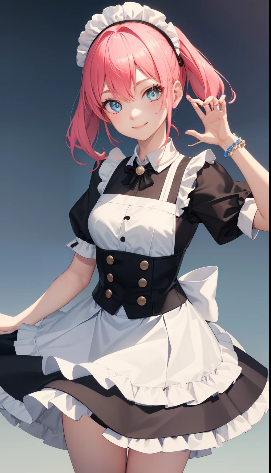 1girl in、AS-Adult、realisitic、Realistis、3D、A smile、The shirt、skirt by the、(small tits)、doress、pinafore、hair adornments、(Maids)、Upper body portrait、