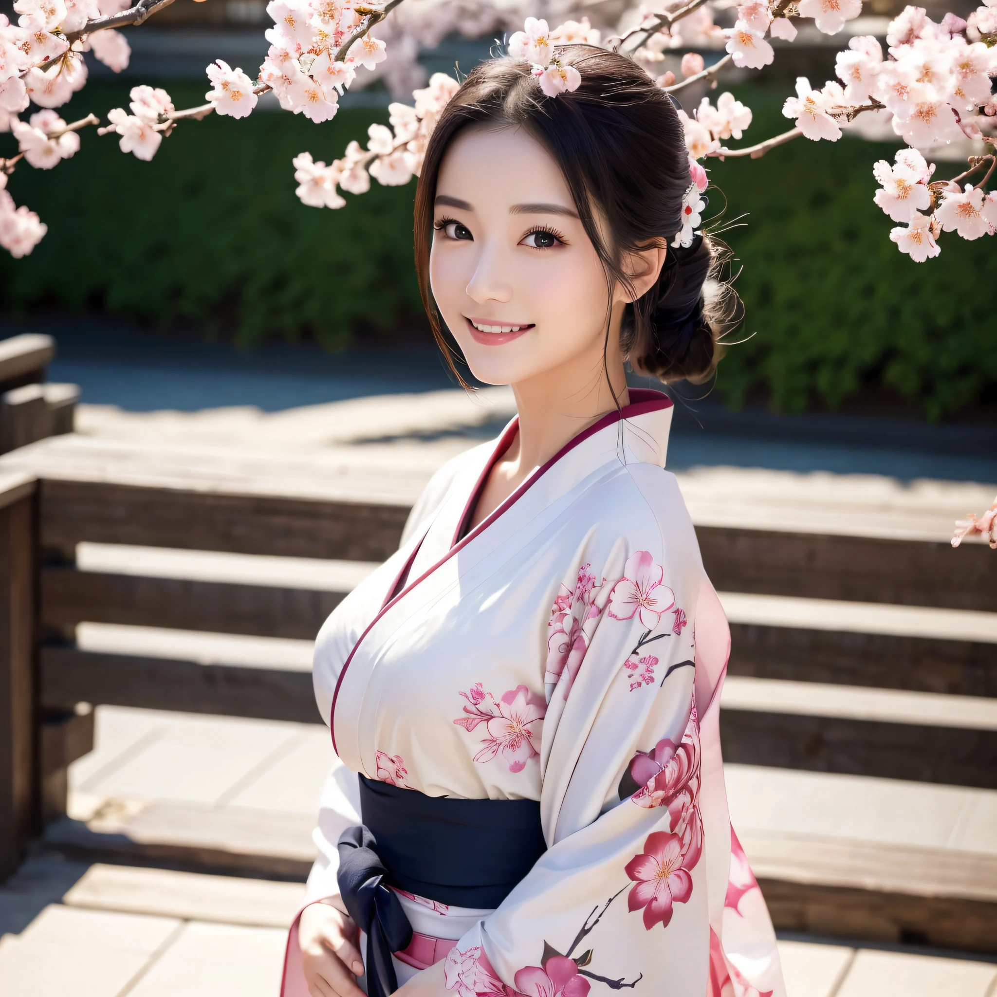 araffe dressed in a kimono, Japanese Goddess, wearing kimono, kimono, Glamorous and sexy geisha, wearing a kimono, wearing kimono armor, japanese kimono, anime girl Cosplay, classic kimono, Organic Enchantress, Cosplay photo, Onmyoji, Wearing a deep pink silk robe, pale and coloured kimono, Cosplay, gorgeous young , beautiful south , Korean Girls, beautiful young, Cute Japanese Woman, Choi Hong-hwa, korean female fashion model, Sexy Looks, Large Breasts, Sexy pose, Show off your breasts, Shiny, very dark brown hair, Big smile, cowboy shot, ((slit kimono：1.4)), ((train)),