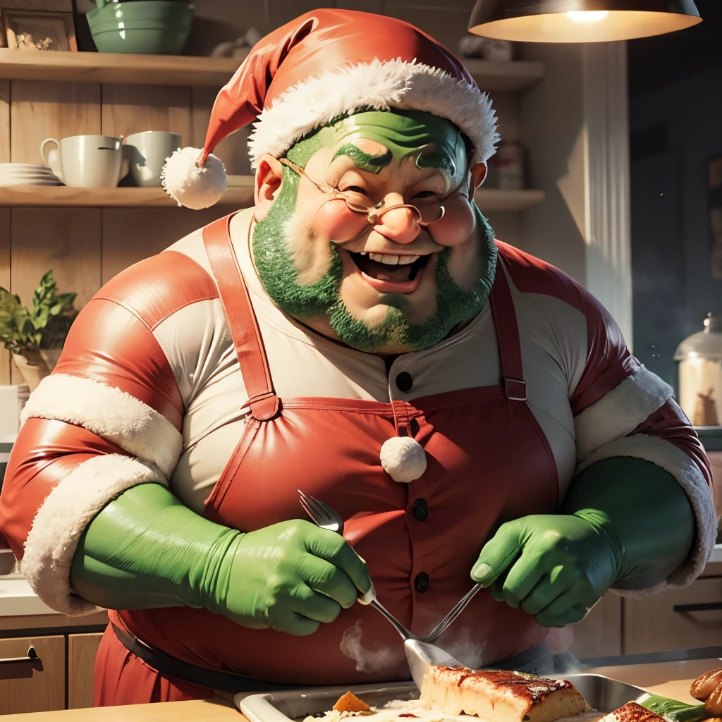 A cartoon fat happy and cheerful cook in a costume of a huge green octopus and at the same time in a Santa Claus costume in the kitchen stands at the table and cooks, decorates the festive table. Close-up. --auto --s2