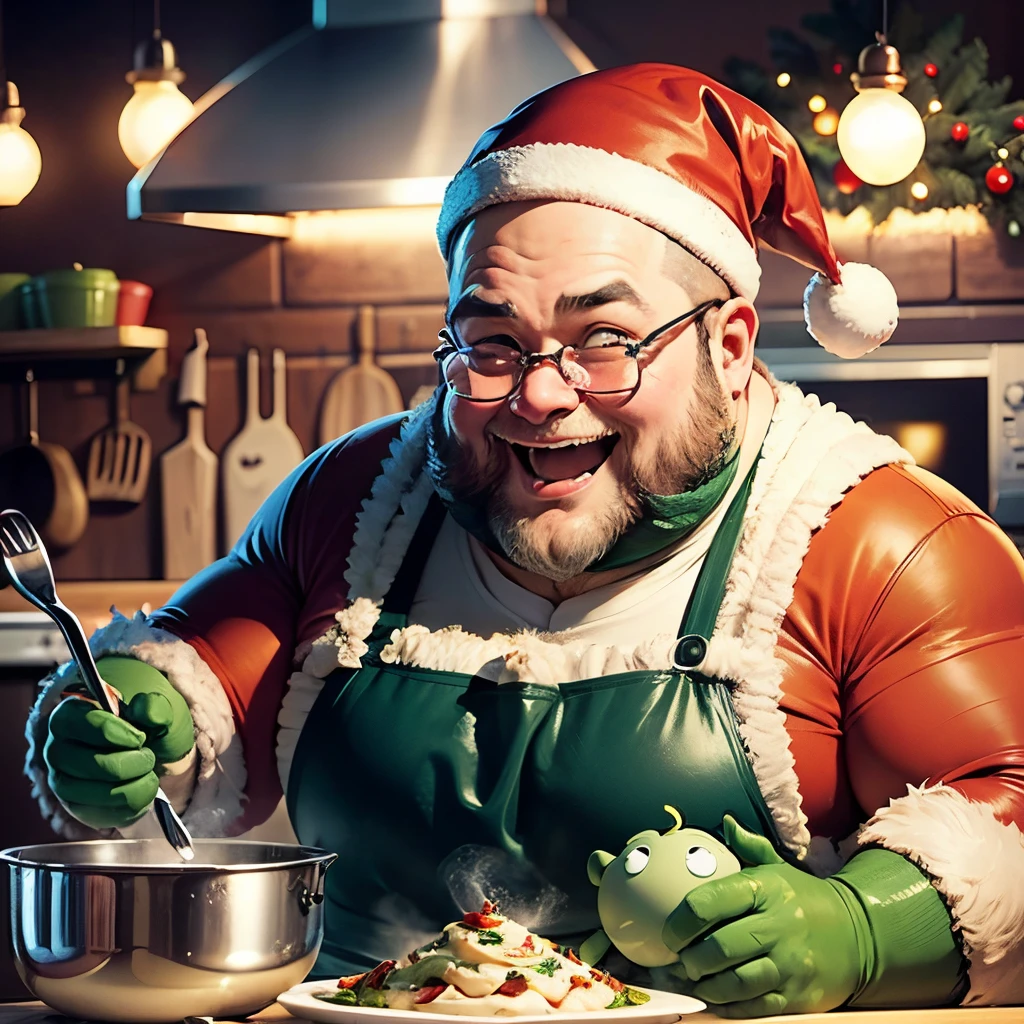 A cartoon fat happy and cheerful cook in a costume of a huge green octopus and at the same time in a Santa Claus costume in the kitchen stands at the table and cooks, decorates the festive table. Close-up. --auto --s2