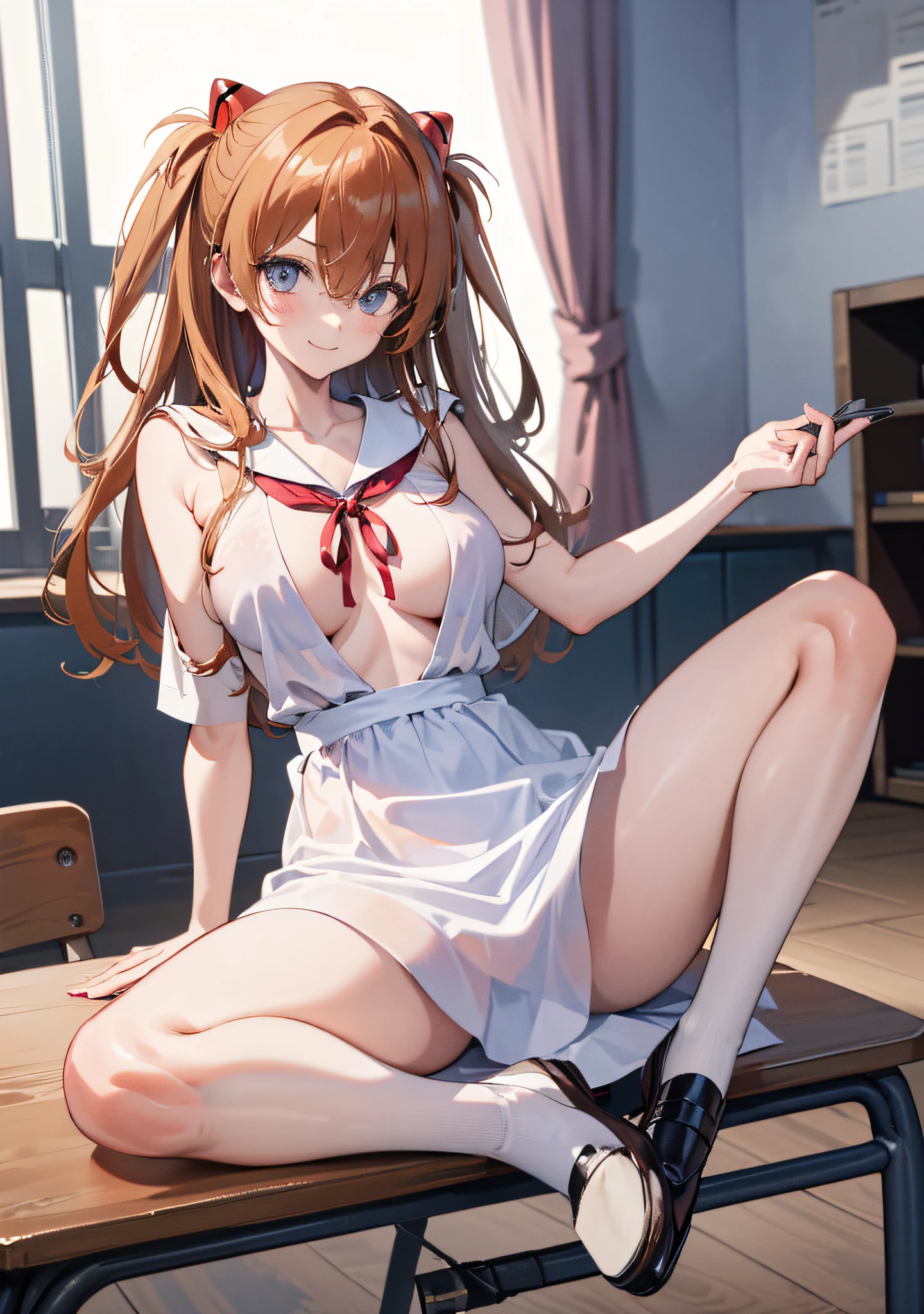 Asuka Langley Soryu，、school classrooms、Blue eyes，hair between eye，headware，Interface headset，Orange hair，Red Ribbon、bow ribbon、校服、skirt by the、Slip Dress、Slip Dress、Tokyo No. 3  School Uniforms、on desk，Show your pants、Lace black underwear with a very small area、Big breasts、((Smaller head)）、1 female、Sexy pose with one knee standing、(Raw photography:1.2)、(Photorealsitic:1.4)、A smile、Textured skin、extremely detailed eye and face、beatiful detailed eyes、二重まぶた、huge filesize、(Increase the beauty of skin texture:1.1)、hight resolution、highlydetailed skin、top-quality、8k wallpaper、电影灯光、large boob,Seductive underwear、Open legs、The chest is visible、 Spread your legs、Spread your crotch、Persistent stare, Sharp eyes, sexy langeries