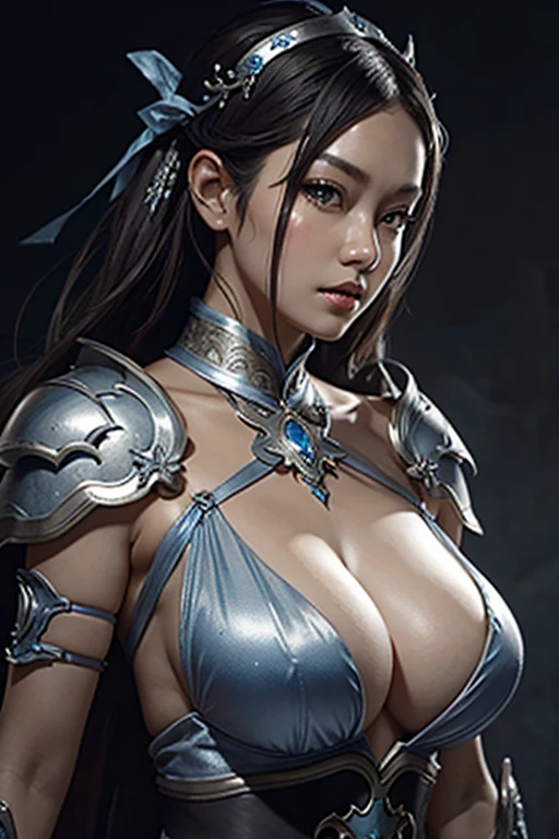 close up shot of a woman in a silver and blue dress, silver armor, large breasts, cleavage, chengwei pan on artstation, by Yang J, detailed fantasy art, stunning character art