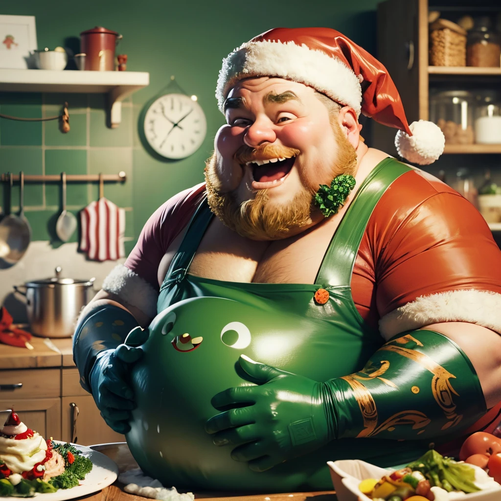 A cartoon fat happy and cheerful cook in a costume of a huge green octopus and at the same time in a Santa Claus costume in the kitchen stands at the table and cooks, decorates the festive table. Close-up. --auto --s2