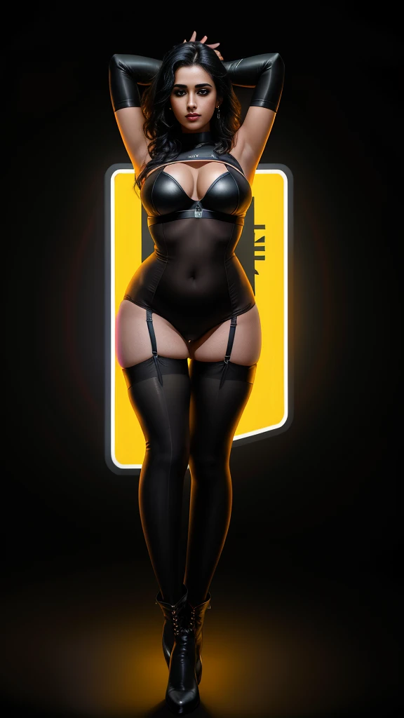 there is an indian woman standing with a rainbow light, 3 d neon art of a womans body, neon-noir background, cyberpunk femme fatale, seductive cyberpunk dark fantasy, cyberpunk strip clubs, cyberpunk 20 y. o model girl, oppai cyberpunk, banner, high definition cgsociety, cgsociety masterpiece, trending on cgstation, kda, ((black stockings:1.4)), random hair, looking at camera, leather bra, sleeveless, stomach skin invisible, tiny black leather panties, gigantic breasts, cleavage, (high detailed skin:1.2), 8k uhd, dslr, super lighting, high quality, film grain, high res, highly detailed, hyper realistic, beautiful face, beautiful body, beautiful eyes nose lips, alluring expression, very bold, upper boobs visible, full body photo, standing legs apart, pale translucent glowing skin, most beautiful face, cute, (dark plain black background:1.4))
