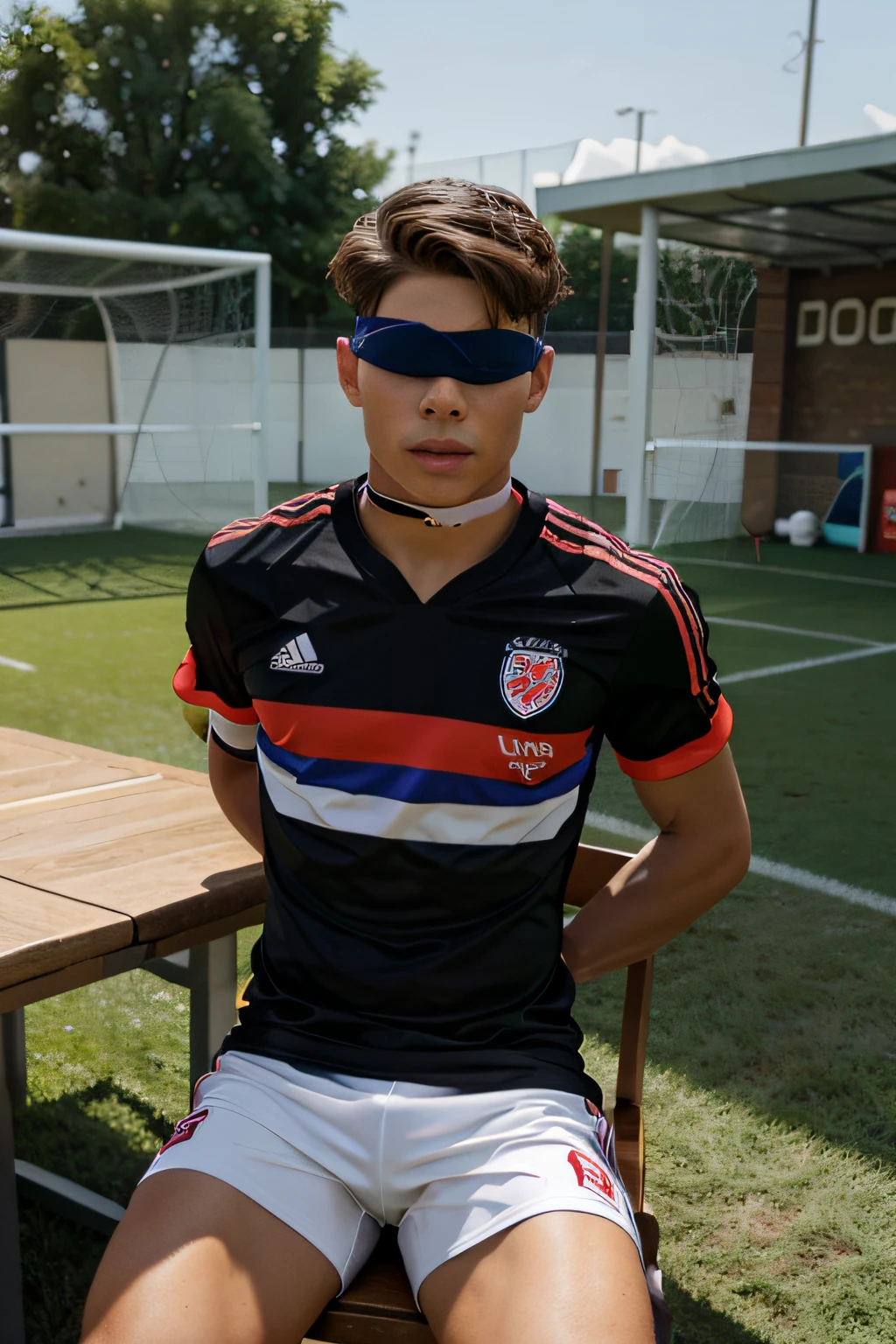 Joey Essex blindfold and tied to a chair in soccer kit