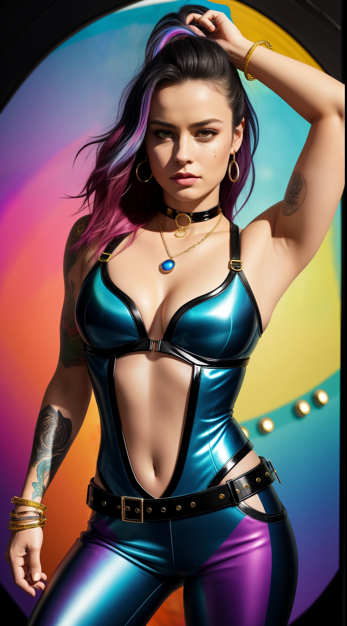 photo of woman, sexy, large breasts, punk, black hair, one side shaved head, ([Brie Larson:Britney Spears:Amber Heard]:0.85), [stanleylau style|uodenim style], armor suit, hips, sensual, shinny skin, oily skin, tattoos, close up, face focus, detailed face, lips, choker, jewelry, [(colorful explosion psychedelic paint colors:1.21)::0.2], kitchen, masterpiece, best quality, rainbow colors, colorful, high contrast,