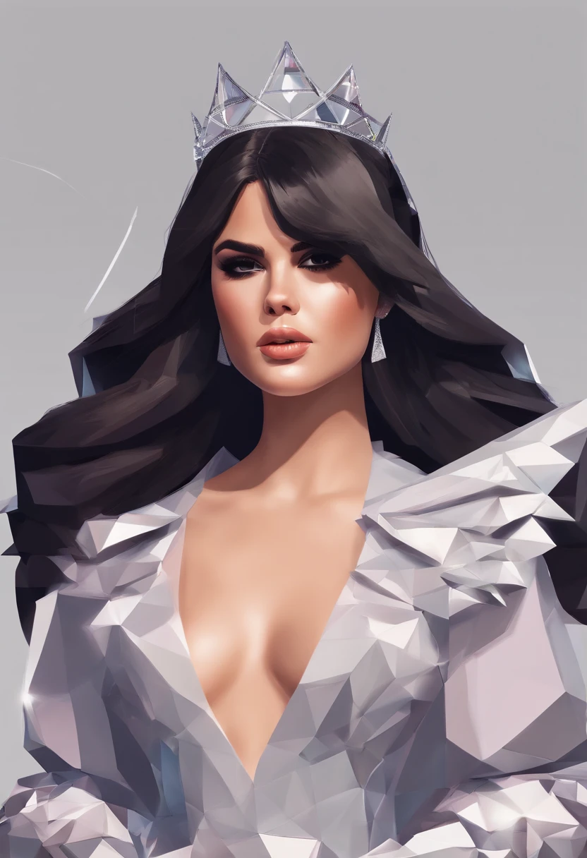 (best quality,4k,highres), Selena Gomez as a queen, wearing sexy fashion clothes, with a close-up logo of her nice makeup.
