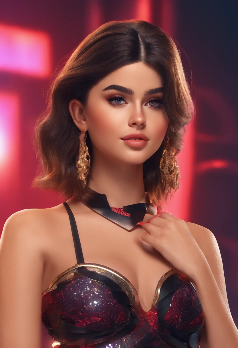 (best quality,4k,highres), Selena Gomez as a queen, wearing sexy fashion clothes, with a close-up logo of her nice makeup.