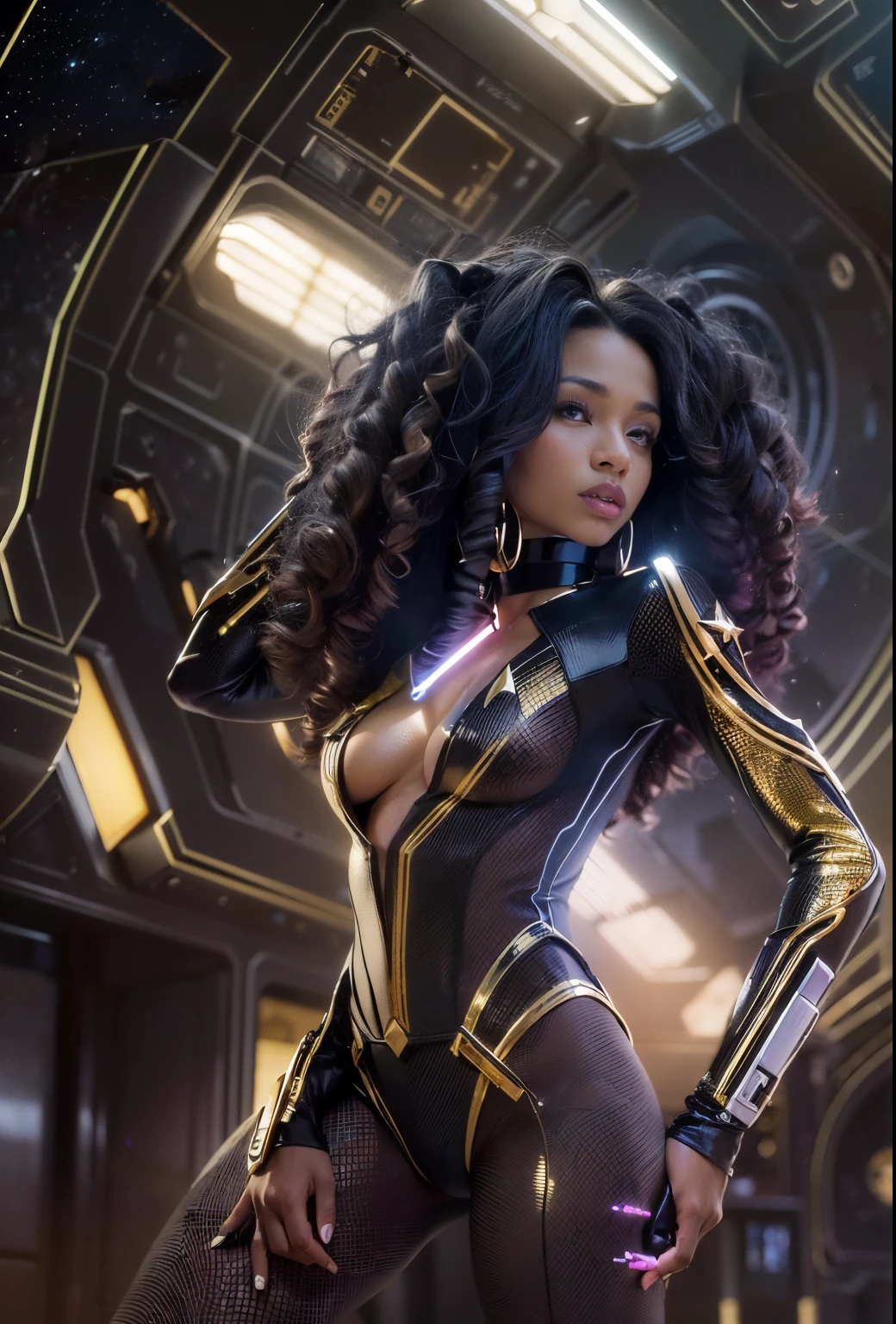 ((21-year-old))), black girl, (((light skin))), (((full body pose))),  (((long curly black hair))), (((wearing Star Trek Orion slave girl outfit, pantyhose, and heels))), (((holding a lightsaber))), (((metal choker))), (((starship scene))), scifi fantasy, Rich, Deep Colours, (intricate details:0.9), (HDR, hyper-detailing:1.2), (natural skin textures, hyper realisitc, glistening skin, soft light, Sharp),
