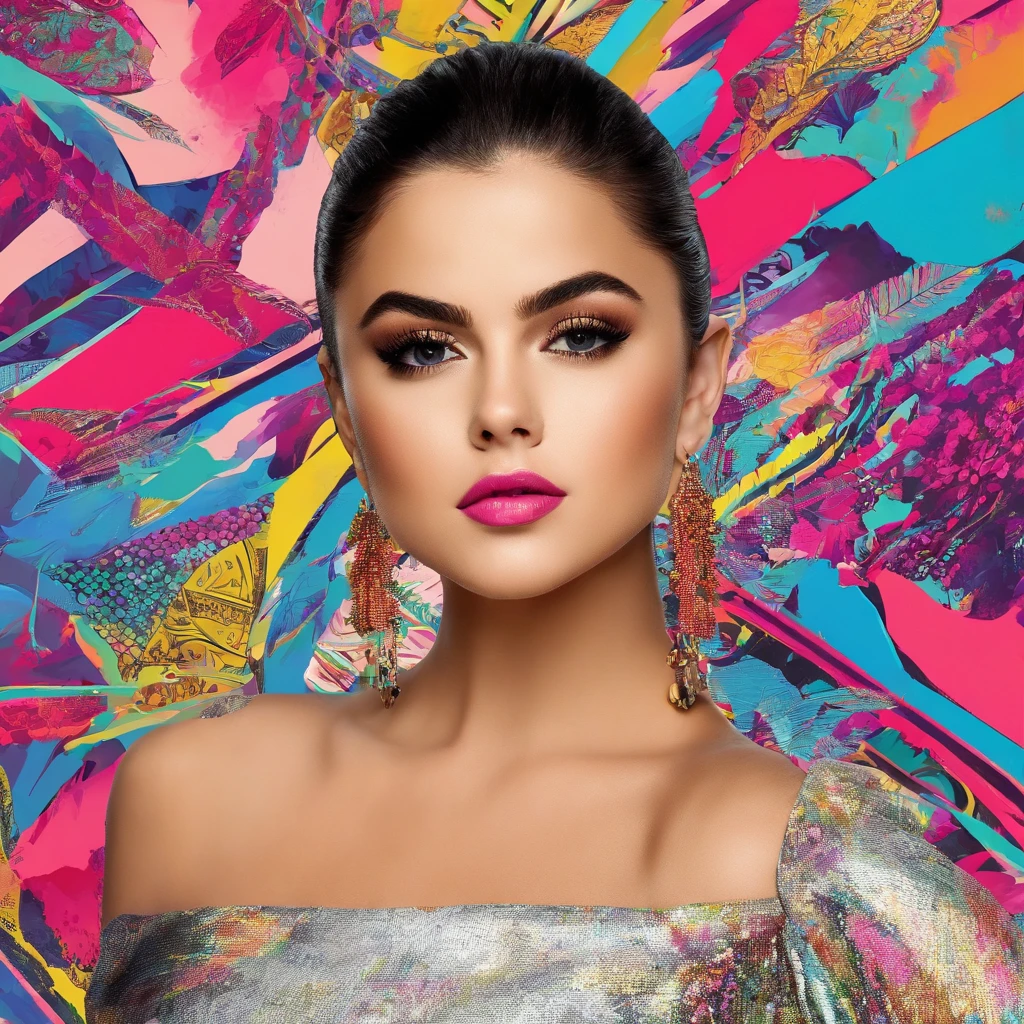 Selena Gomez,beautiful detailed eyes,beautiful detailed lips,extremely detailed eyes and face,longeyelashes,natural makeup,shiny hair,[highres](best quality,4k,8k,highres,masterpiece:1.2),ultra-detailed,(realistic,photorealistic,photo-realistic:1.37),fashion-forward outfits,fabulous wardrobe,original fashion style,dazzling accessories,stylish footwear,elegant poses,striking backgrounds,studio lighting,vivid colors,profound and soulful portraits,glamorous,celebrity,fashion model,red carpet appearances,professional photography,flawless skin,effortless beauty,mesmerizing presence,confident and graceful demeanor,modern and contemporary artworks,artistically curated set design,stellar artwork production,conceptual fashion photography,innovative fashion concepts,colorful and vibrant color palette,contrasting light and shadow,effortless elegance and sophistication.