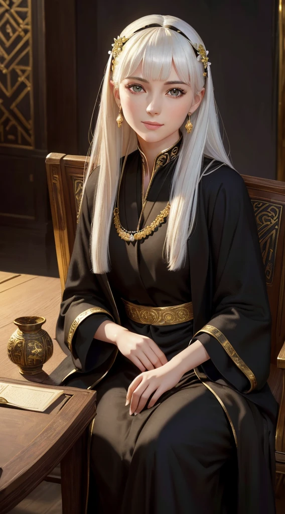 (highres,masterpiece:1.2),(close-up:1.1),portrait, ultra-detailed, character portrait from DND table top RPG, solo, female focus, young woman, fully clothed, traveler, dark leaf colored eyes with black pupil, beautiful detailed lips, welcoming smiling, extremely detailed eyes and face, girl with loose medium length straight white hair with bangs, jewel hair clip with little white flowers on one side of the head, porcelain skin tone, slender chest, hands at rest, girl wearing black robes and a long black coat, girl wearing traditional black egyptian styled clothes with intricate gold lines, (realistic,photorealistic,photo-realistic:1.37), sand desert background