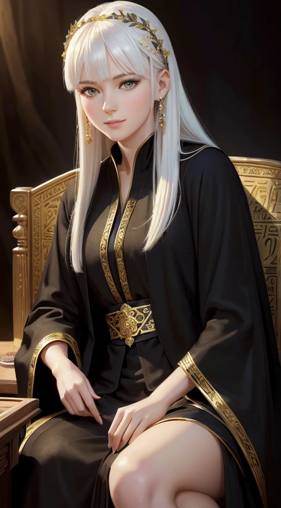 (highres,masterpiece:1.2),(close-up:1.1),portrait, ultra-detailed, character portrait from DND table top RPG, solo, female focus, young woman, fully clothed, traveler, dark leaf colored eyes with black pupil, beautiful detailed lips, welcoming smiling, extremely detailed eyes and face, girl with loose medium length straight hair with bangs, white hair colour, jewel hair clip with little white flowers on one side of the head, porcelain skin tone, slender chest, hands at rest, girl wearing black robes and a long black coat, girl wearing traditional black egyptian styled clothes with intricate gold lines, (realistic,photorealistic,photo-realistic:1.37), sand desert background