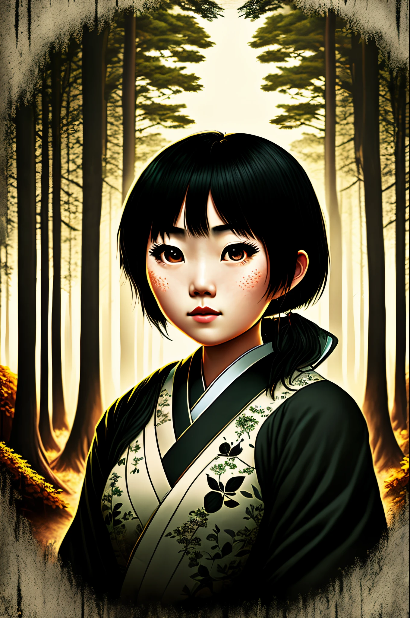 A poster inspired by Disney Pixar films of a Japanese woman with straight black hair and dark eyes in a forest in a light dress