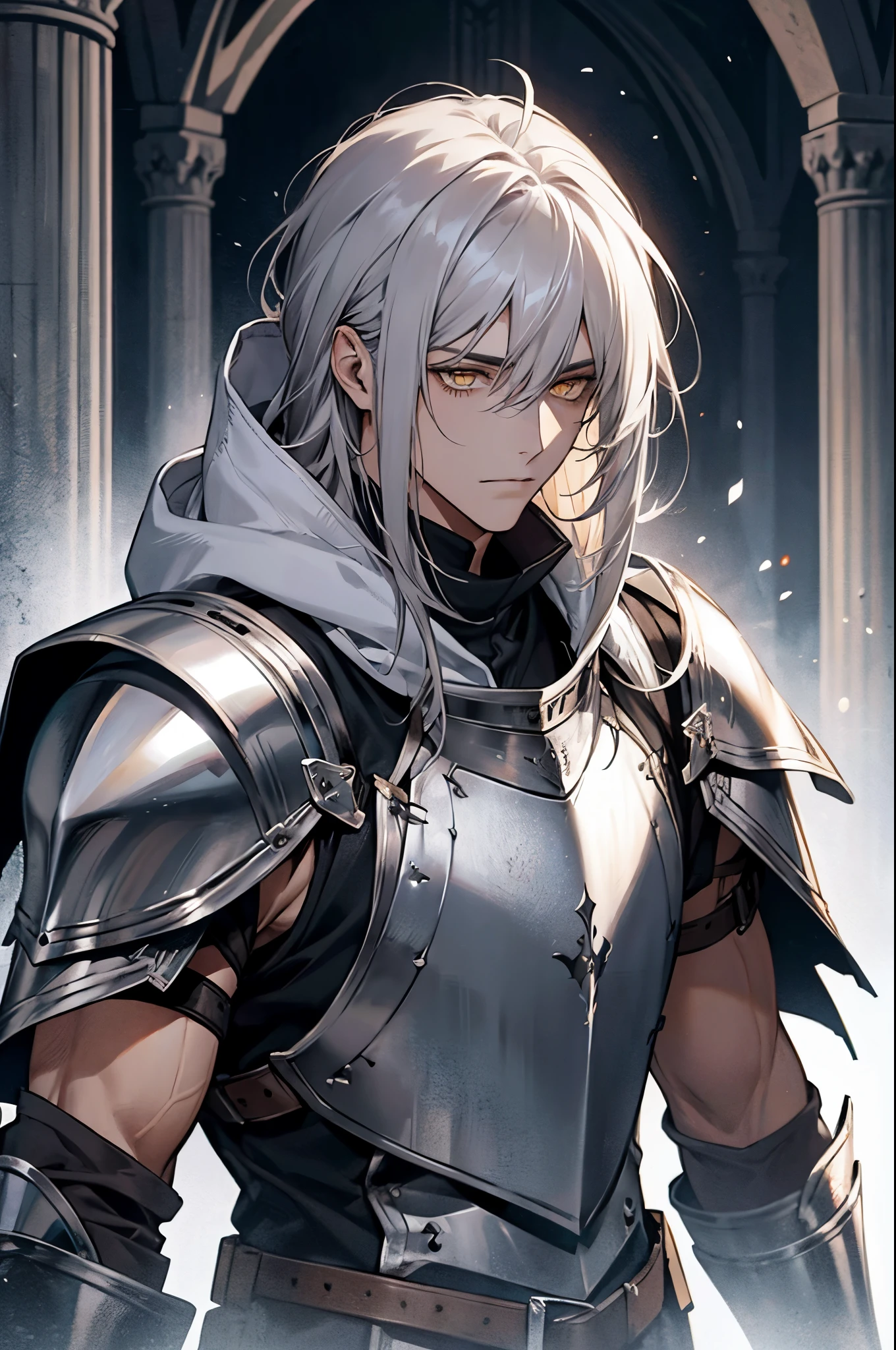 male, messy silver medium length hair with bangs, yellow eyes, detailed eyes, adult face, adult, white hood and shroud, breast plate armor, handsome, medieval fantasy, ruins, condescending, bad boy, knight