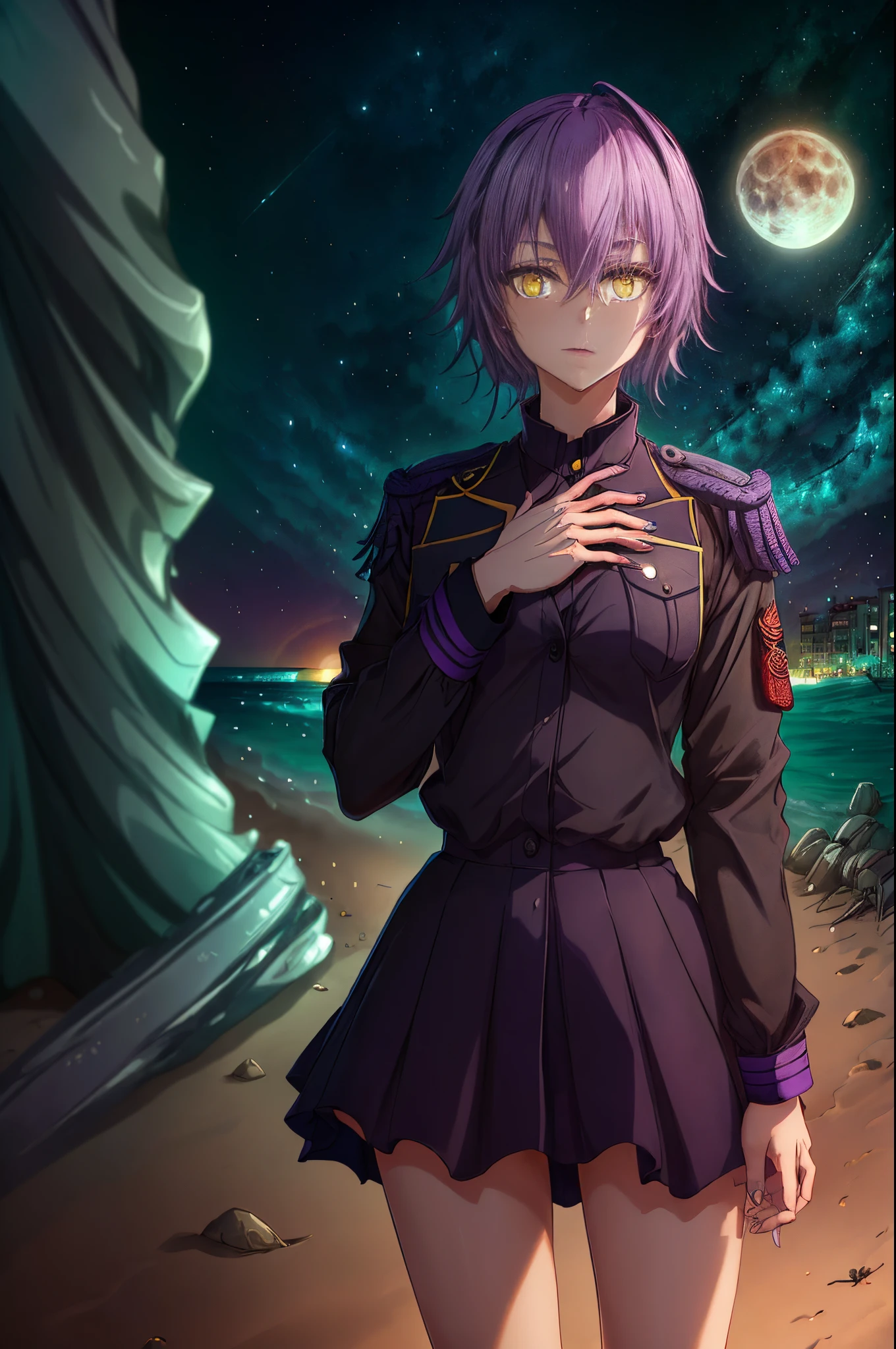 ((obra de arte))) Uma menina bonita e fofa, medium length purple hair (amarrado em um rabo de cavalo lateral), (((Olhos dourados estendidos))),((unhas roxas))), She wears a military uniform with a black skirt and a resistance on her left arm. , ((night beach scenery with starry sky and full blood moon)), Standing, barefoot, Serious expression, (((hiding hands