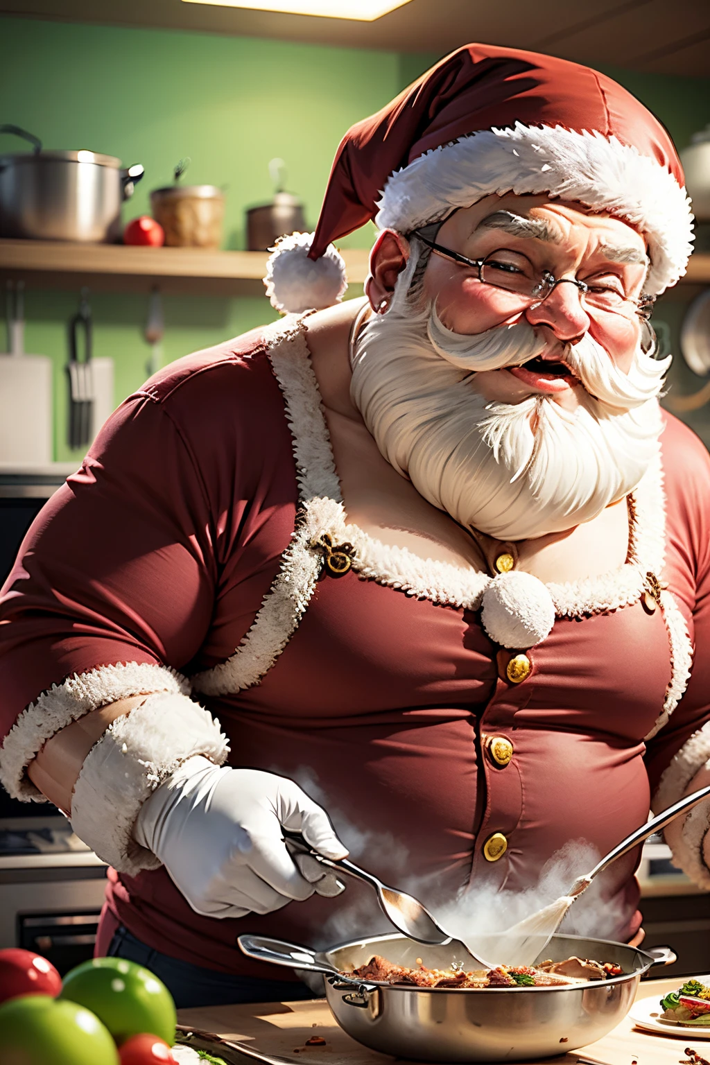 A cartoon fat happy and cheerful cook in a costume of a huge green octopus and at the same time in a Santa Claus costume with a big white beard in the kitchen stands at the table and cooks, decorates the holiday table. Close-up. --auto --s2