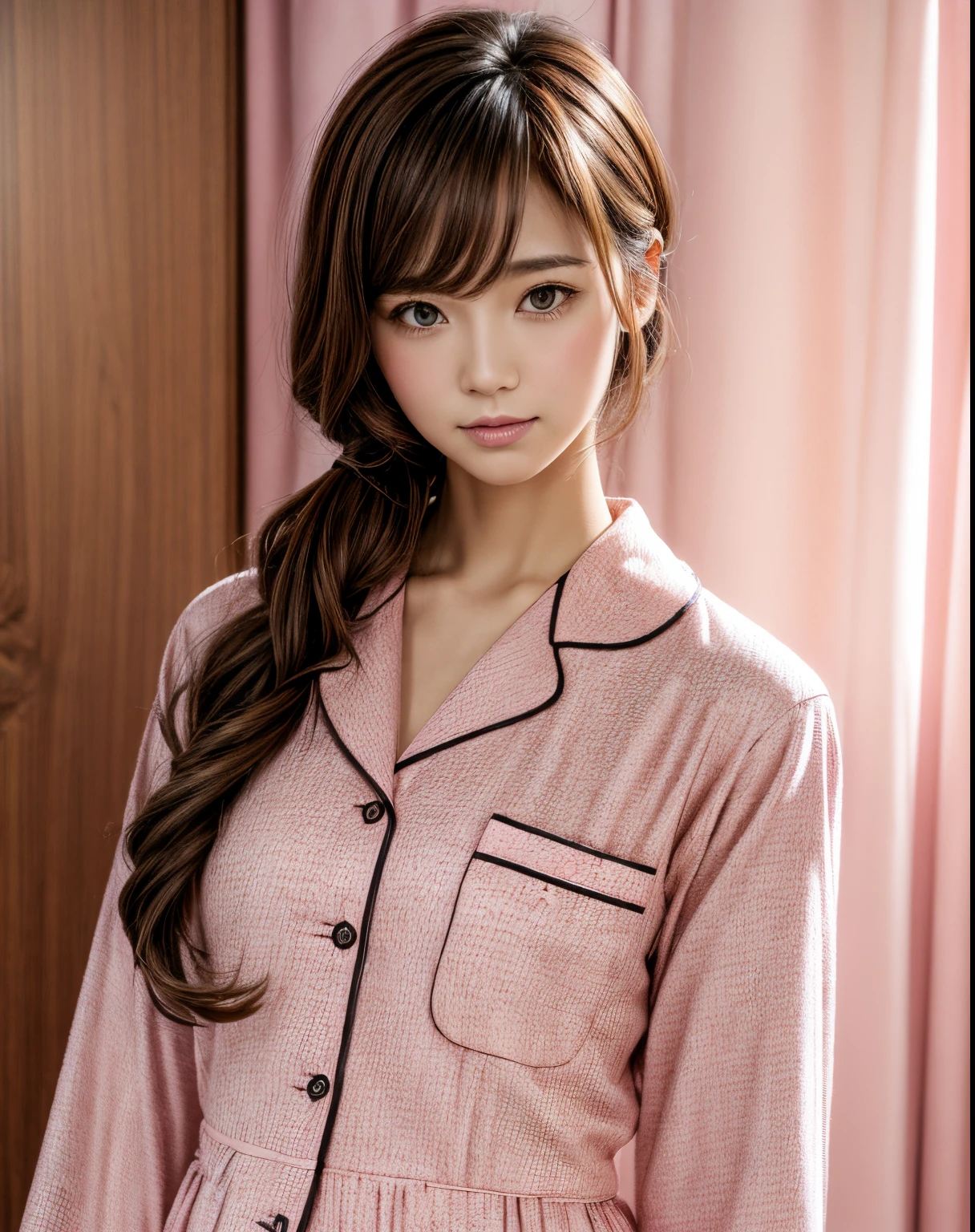 Sleeping Girl,18 years old,realisticlying,She wore long trousers,wearing pajamas,brown haired,beauty breast。