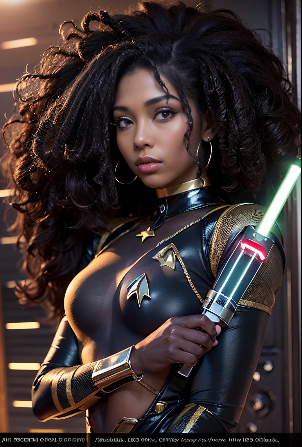 Masterpiece, Amazon woman, wearing a tan loincloth, dark skin, long hair, holding a knife, in a spaceship, realistic