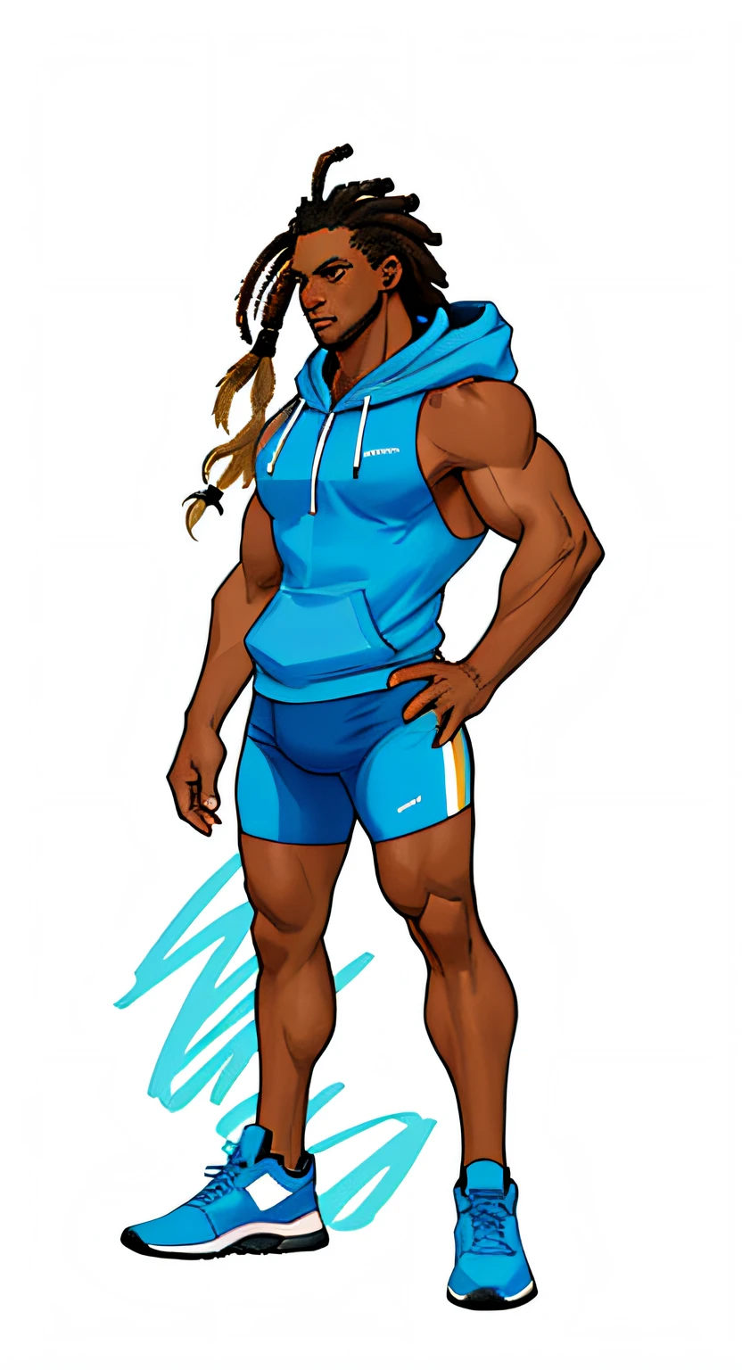 a cartoon of a black man with a hoodie, detailed full body concept. futuristic, , sci-fi, matching gym outfit. tech wear, sport clothes. weight lifter. sleeveless hoodie. clothes have the colors sky blue, gold and white, black man, long dreadlocks, dark skin, short shorts. shoulder length dreads. small shorts. short shorts, buff, big muscles, strong, big whole in side of hoodie. side of hoodie open. showing obliques. blue shorts, chubby. big man