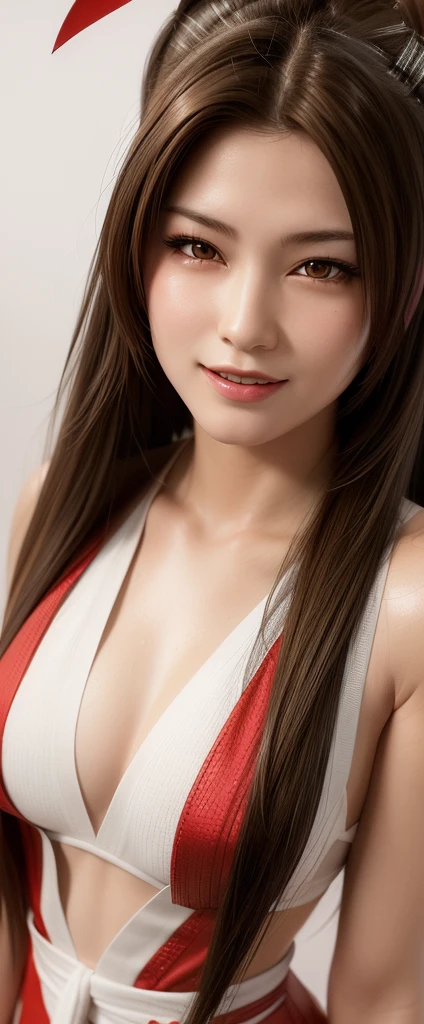 Mai Shiranui, (best quality, ultra-detalhado, Realistic:1.37), rosto delicado, rosto detalhado, Sweet smile expression, corpo perfeito, Textura ultrarrealista, Retrato, vivid colors, soft lighting