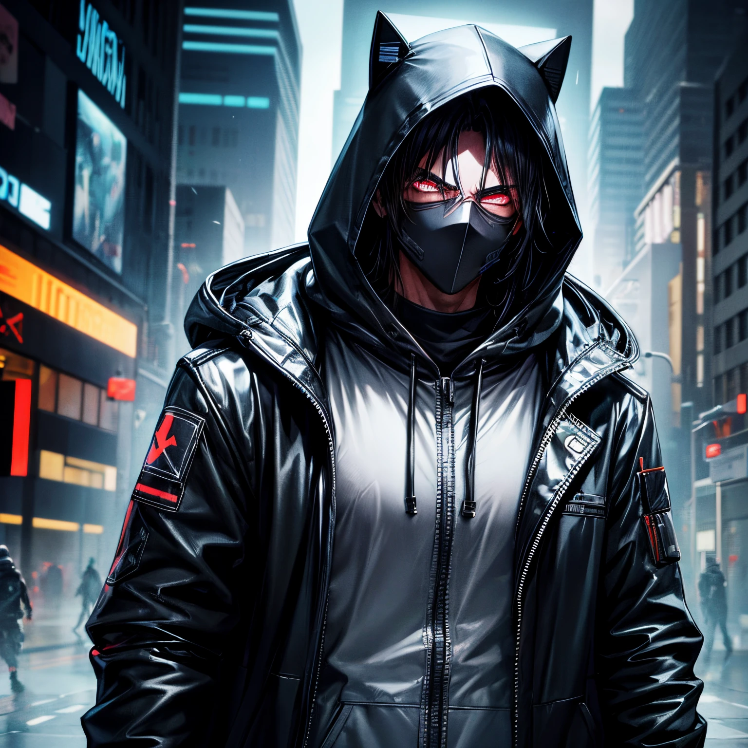 hacker cyberpunk, segurando um rifle futurista, macho, Um homem com uma capa de chuva preta, He wears a black mask and hood, Do humano, he only has eyes and the skin around his eyes