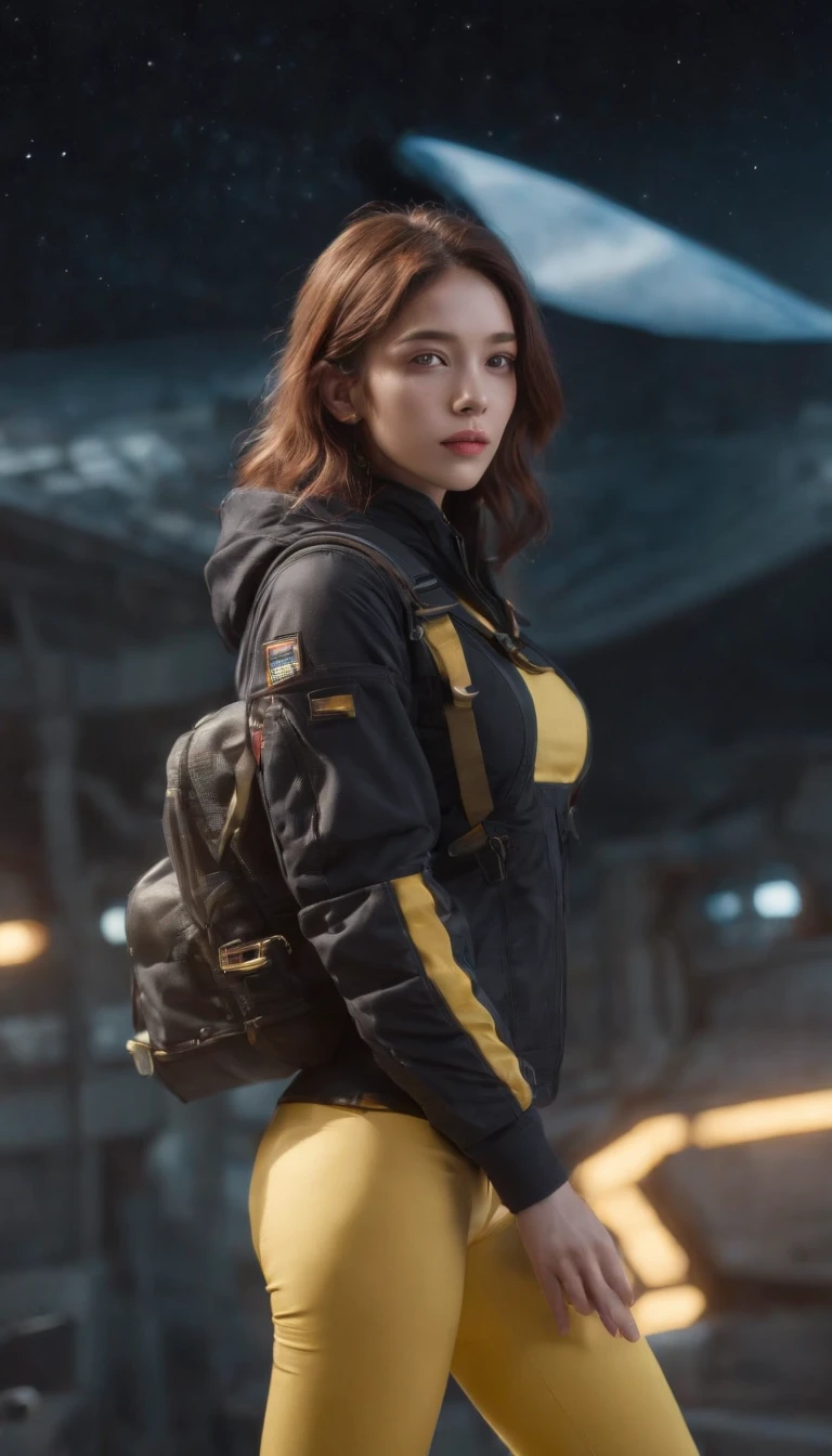 RAW, Masterpiece, Super Fine Photo, Ultra High Resolution, Photorealistic, Sunlight, Full Body Portrait, Stunningly Beautiful, Dynamic Poses, Delicate Face, Vibrant Eyes, solo, deep ebony 1girl, black girl, beautiful face, curly afro hair, black lips, a female character is wearing a yellow and black colored top outfit with a backpack and a yellow hoodie jacket, black, yellow and white sports leisure, yellow futuristic smart goggles, clear lens, green eyes, leggings pants, long hair, diamond earrings, cybernetically enhanced, she is standing in front of spaceships and satellites, starry night sky, pigeoncore, neo-dadaist, Asuka Langley, neon genesis EVA suit, mechanized precision, space crew member, she holds an important position, in crowd spectator at a tech conference in the style of mecha sci-fi anime, 8k, best quality, highres, Unreal Engine:1.4,Ultra-realistic 64K CG, Photorealista:1.4, Skin Texture:1.4, Volumetric fog, 8k uhd, dslr, high quality, film grain, fair skin, photorealism, lomography, sprawling metropolis in a futuristic dystopia, translucent, safe for work