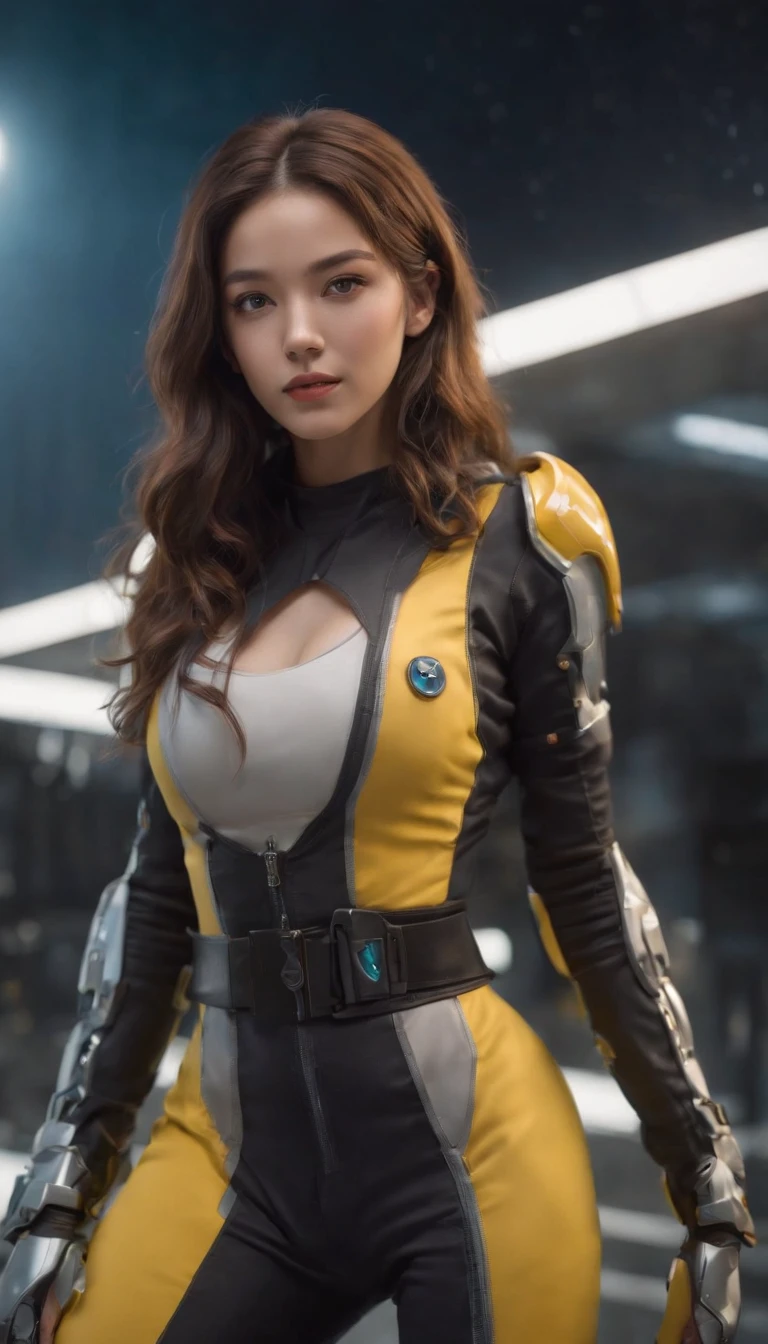 RAW, Masterpiece, Super Fine Photo, Ultra High Resolution, Photorealistic, Sunlight, Full Body Portrait, Stunningly Beautiful, Dynamic Poses, Delicate Face, Vibrant Eyes, solo, deep ebony 1girl, black girl, beautiful face, curly afro hair, black lips, a female character is wearing a yellow and black colored top outfit with a backpack and a yellow hoodie jacket, black, yellow and white sports leisure, yellow futuristic smart goggles, clear lens, green eyes, leggings pants, long hair, diamond earrings, cybernetically enhanced, she is standing in front of spaceships and satellites, starry night sky, pigeoncore, neo-dadaist, Asuka Langley, neon genesis EVA suit, mechanized precision, space crew member, she holds an important position, in crowd spectator at a tech conference in the style of mecha sci-fi anime, 8k, best quality, highres, Unreal Engine:1.4,Ultra-realistic 64K CG, Photorealista:1.4, Skin Texture:1.4, Volumetric fog, 8k uhd, dslr, high quality, film grain, fair skin, photorealism, lomography, sprawling metropolis in a futuristic dystopia, translucent, safe for work