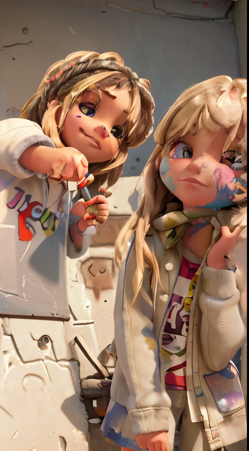 (best quality), masterpiece, extremely detailed CG uniform 8K illustration, high color, extremely high color saturation, all colors deepened, paint, graffiti art, center composition, extremely detailed light and shadow, graffiti wall, wall painted bright, 1 girl graffiti 1 girl looking at the wall, extremely detailed face and eyes, medium length hair, sportswear, colored clouds