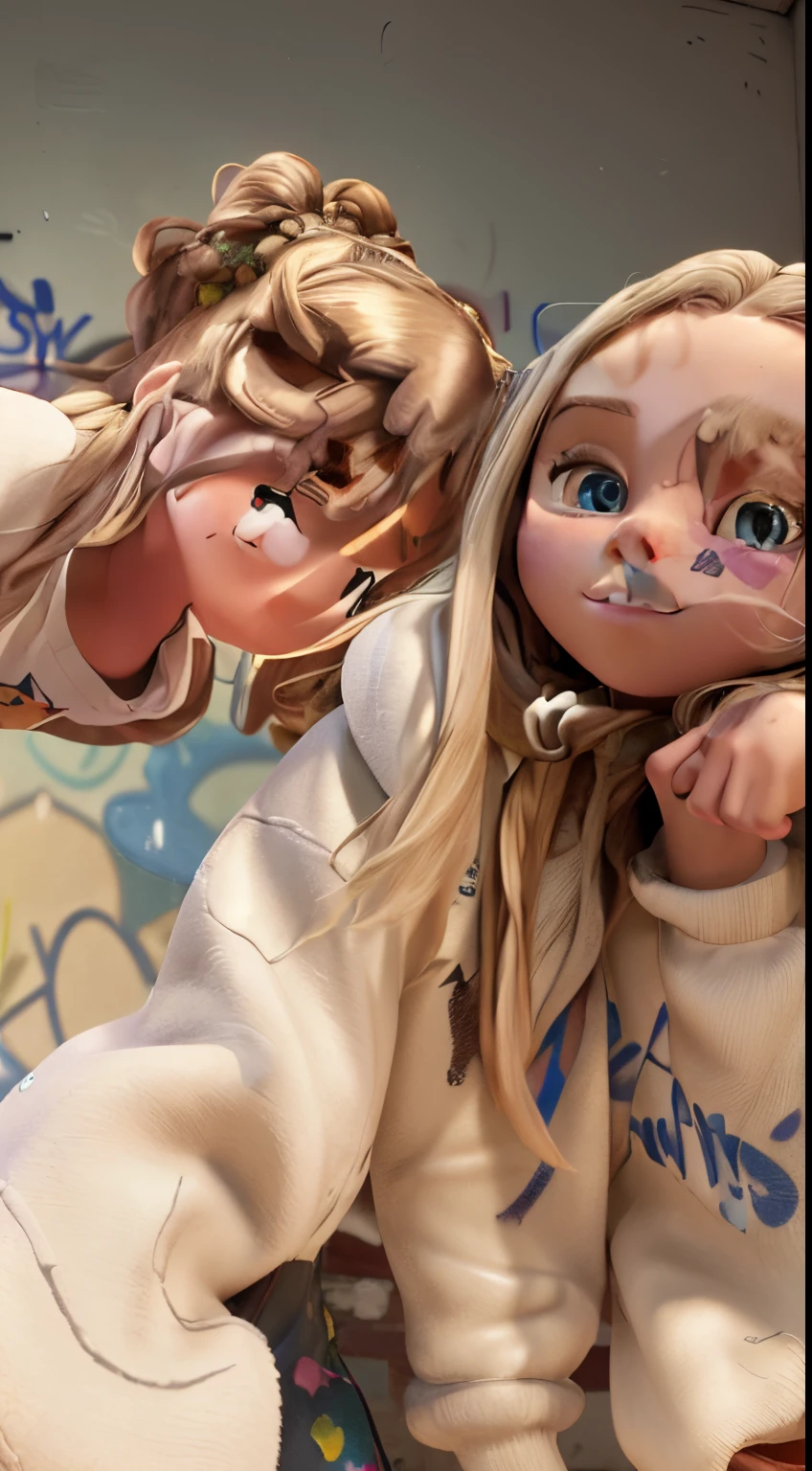 (best quality), masterpiece, extremely detailed CG uniform 8K illustration, high color, extremely high color saturation, all colors deepened, paint, graffiti art, center composition, extremely detailed light and shadow, graffiti wall, wall painted bright, 1 girl graffiti 1 girl looking at the wall, extremely detailed face and eyes, medium length hair, sportswear, colored clouds