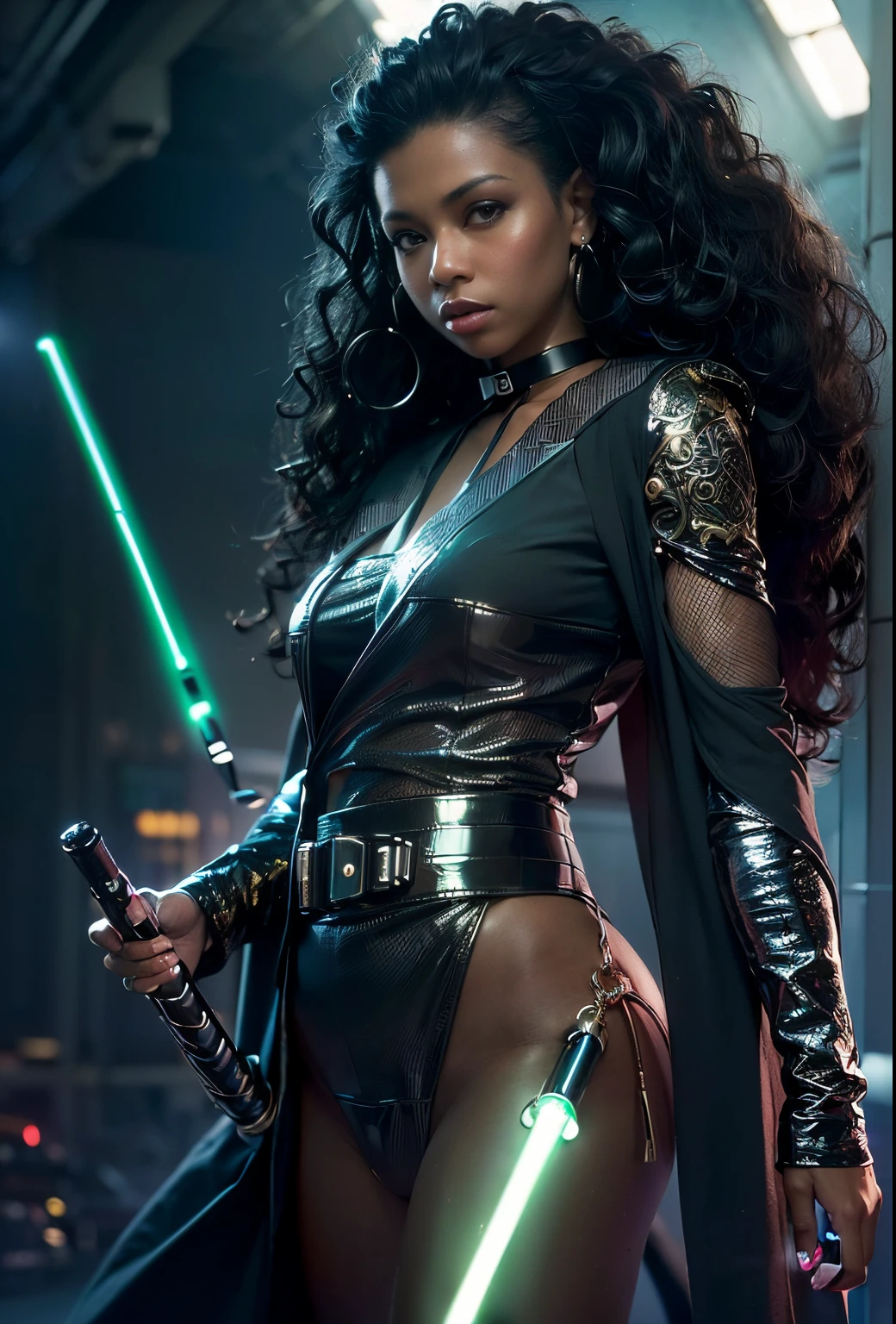 ((21-year-old))), black girl, (((light skin))), (((full body pose))),  (((long curly black hair))), (((wearing SNight Sister outfit))), (((holding a lightsaber))), (((metal choker))), (((starship scene))), scifi fantasy, Rich, Deep Colours, (intricate details:0.9), (HDR, hyper-detailing:1.2), (natural skin textures, hyper realisitc, glistening skin, soft light, Sharp),