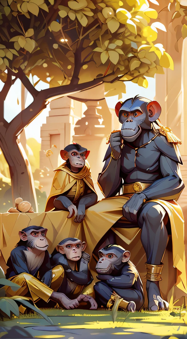 Create an image of a group of monkeys wearing clothing styled from the movie Planet of the Apes. a group of chimpanzee apes, small and thin, around an older monkey, as if he were telling stories to the younger ones. the oldest monkey wears a golden king's crown and golden noble robes. are sitting under the shade of a large tree, and in the sky can be seen two planets