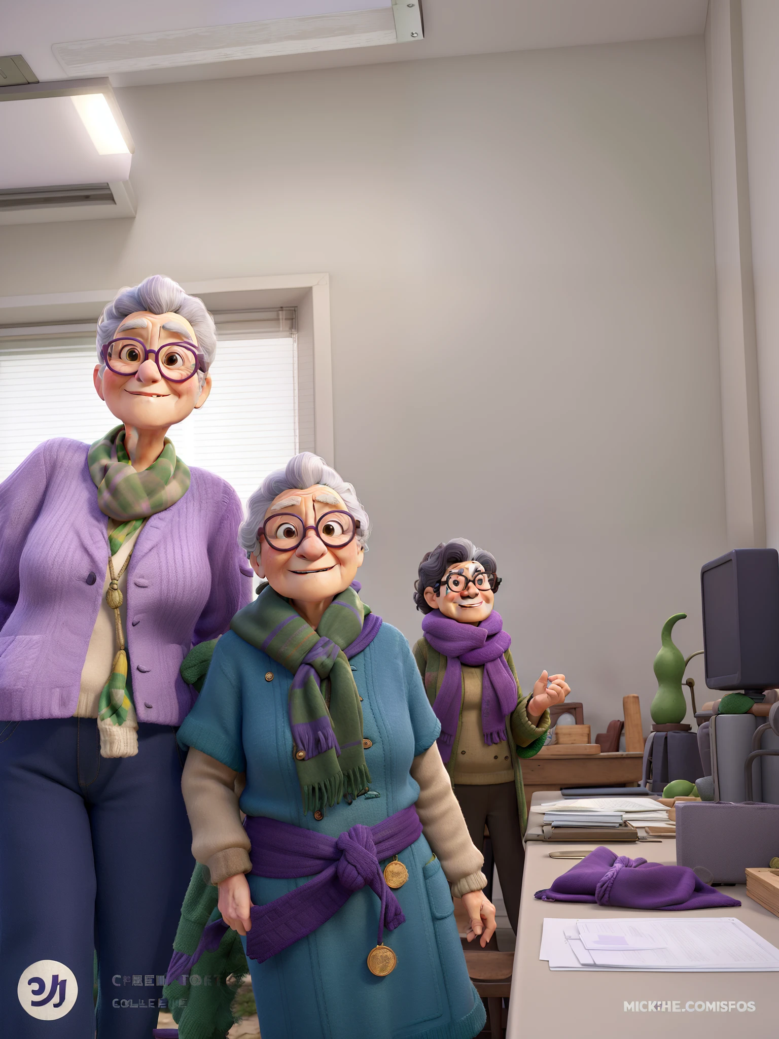masterpiece, best quality, an old woman with glasses and a scarf on, wearing a purple coat and green scarf, standing at the park