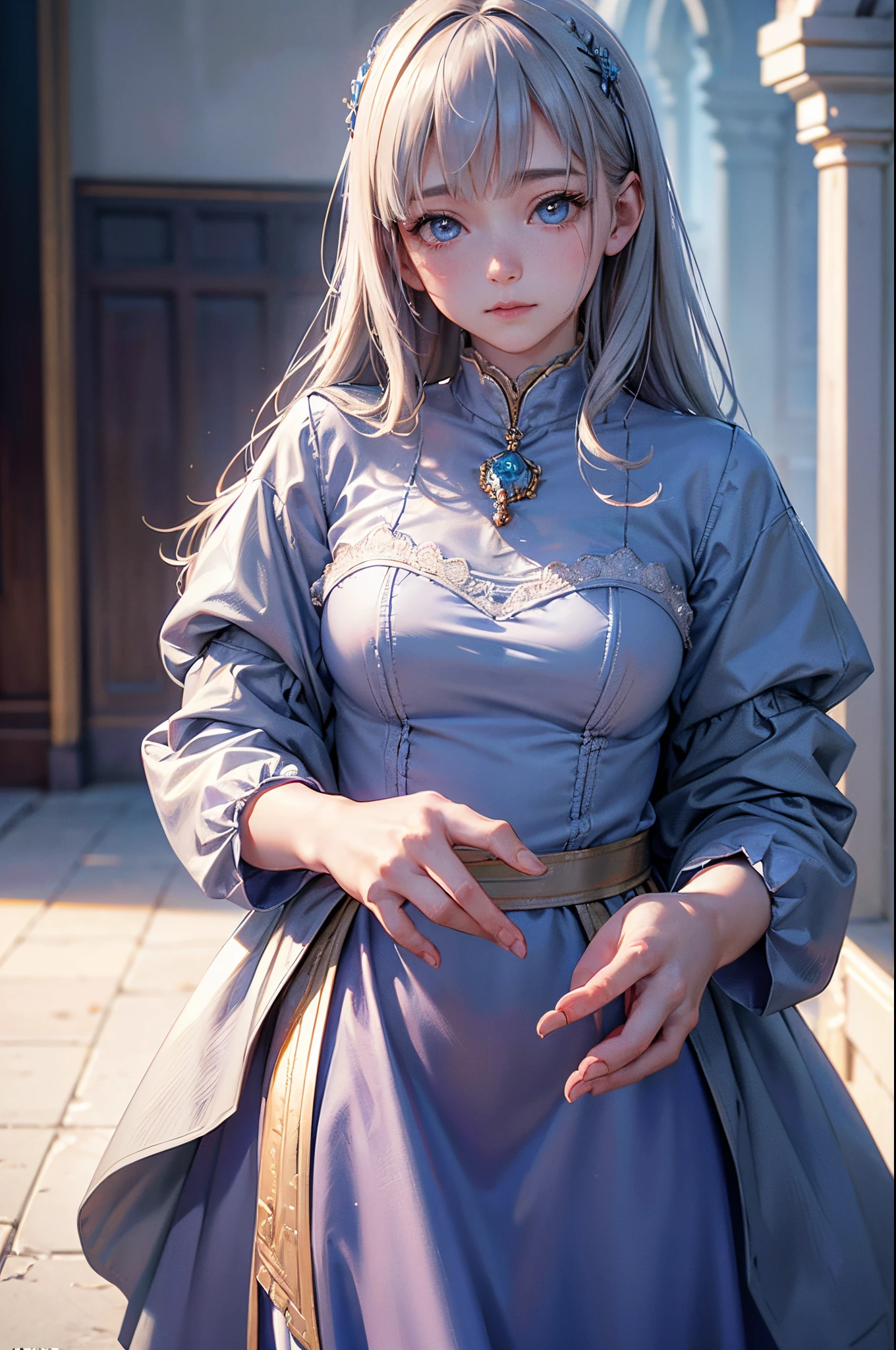Princess, ,Cinematic, movie, Grain film, castle, (2023s)1girl in, Realistic , (8K, Raw photo, Best Quality, masutepiece:1.2), (Realistic, Photorealsitic:1.33), Best Quality, Detailed eyes are blue, Cute,Natural lighting, depth of fields, Film grain, Wrinkled skin, sharp,